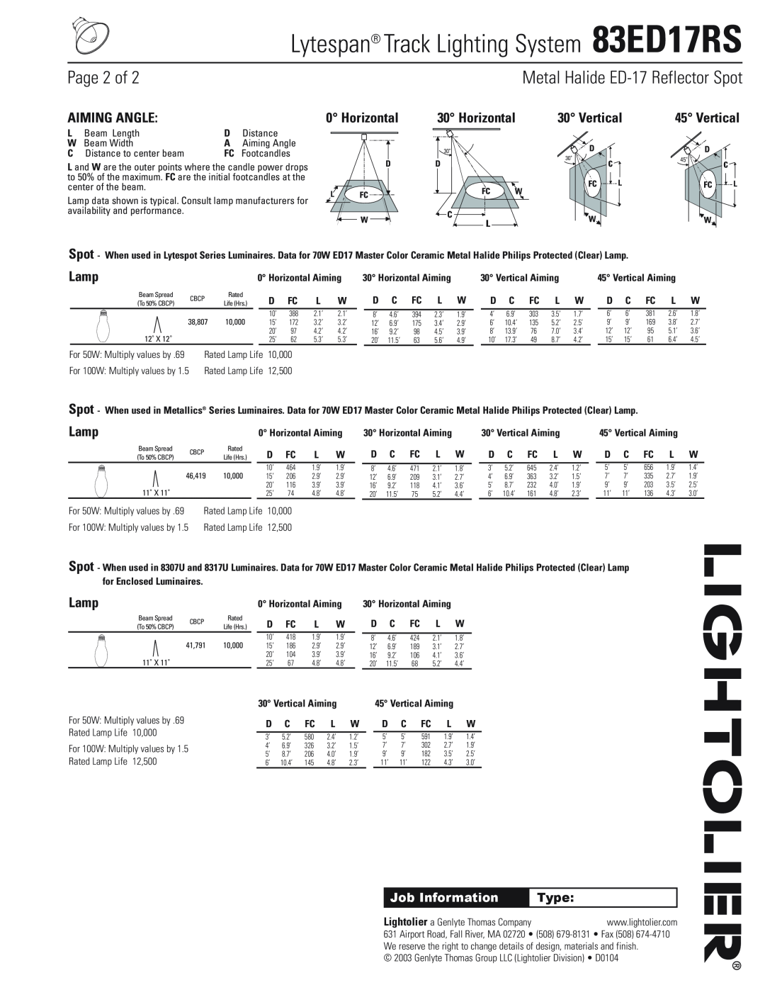 Lightolier 83ED17RS Metal Halide ED-17Reflector Spot, Aiming Angle, Horizontal, Vertical, Lamp, Page 2 of, Job Information 