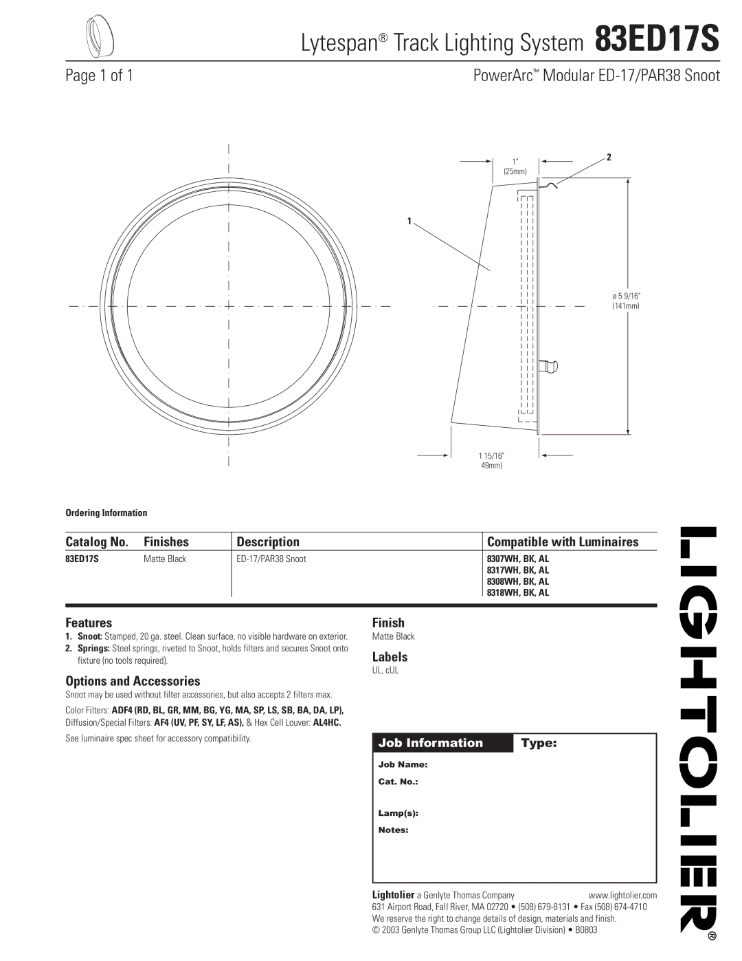 Lightolier manual Lytespan Track Lighting System 83ED17S 