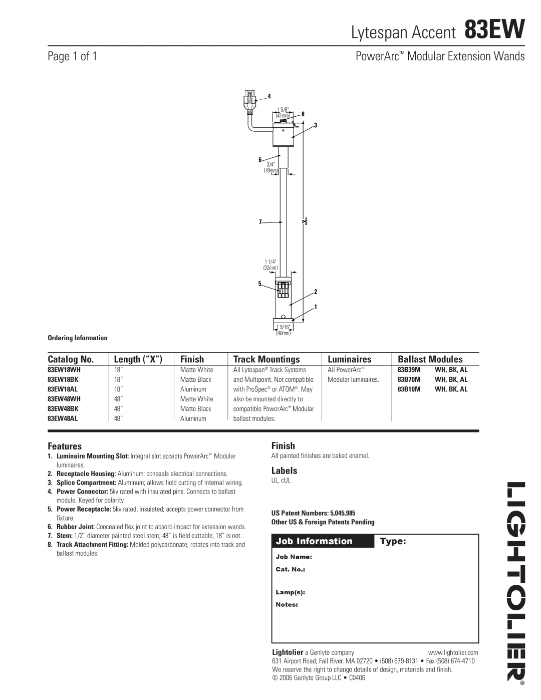 Lightolier manual Lytespan Accent 83EW, PowerArc Modular Extension Wands, Features, Labels 