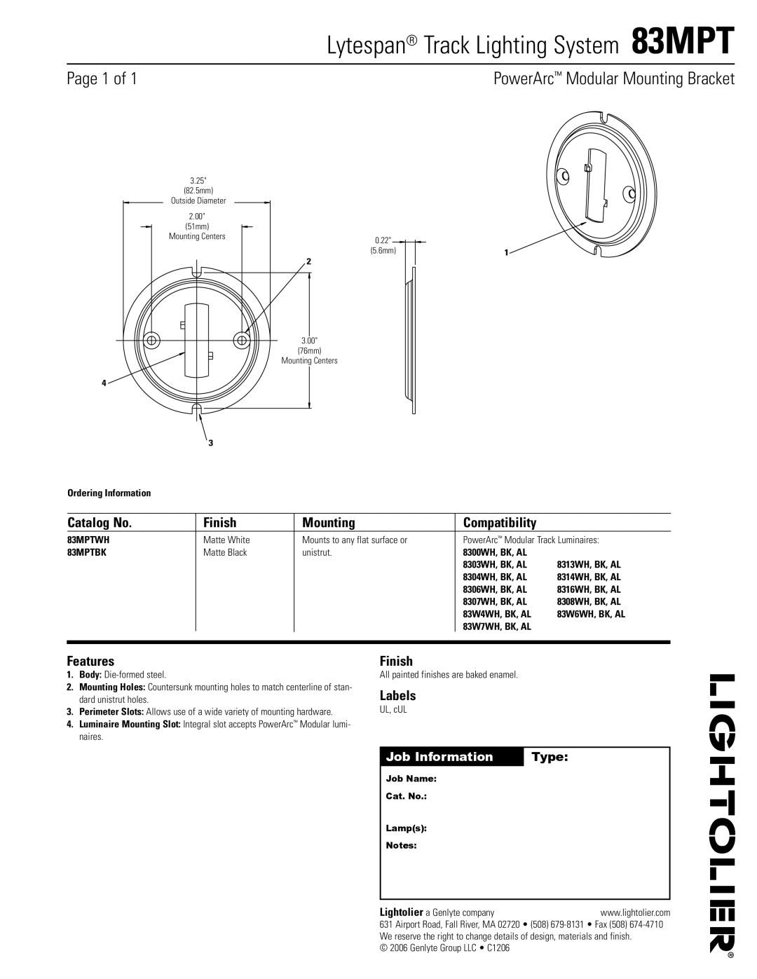 Lightolier manual Lytespan Track Lighting System 83MPT, PowerArc Modular Mounting Bracket, Features, Labels 