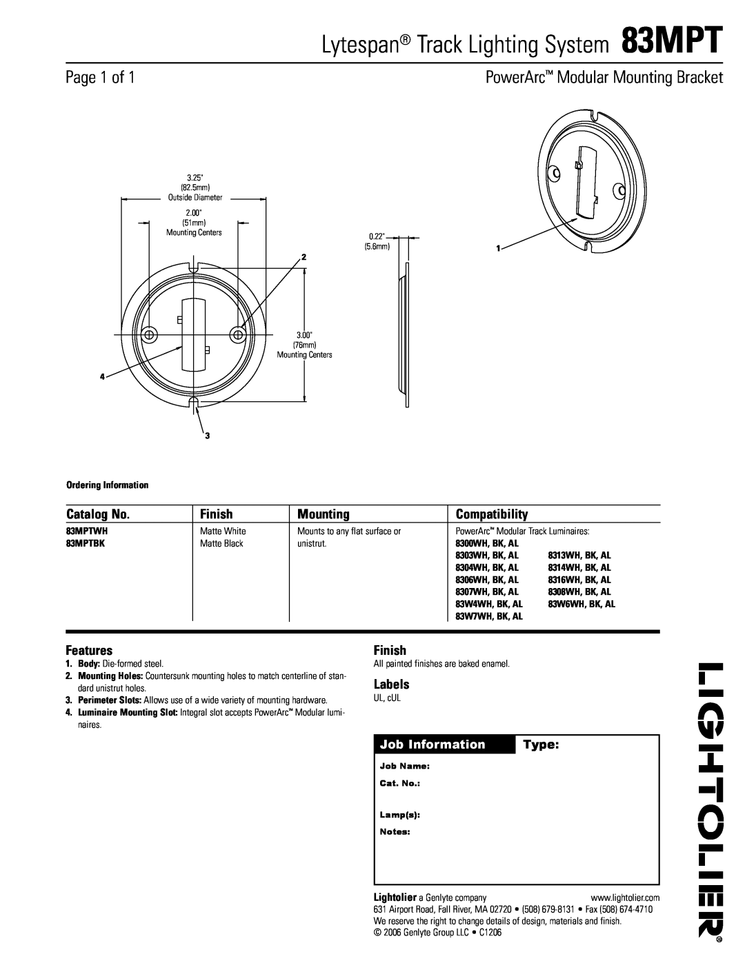 Lightolier manual Lytespan Track Lighting System 83MPT, Page 1 of, PowerArc Modular Mounting Bracket, Catalog No, Type 