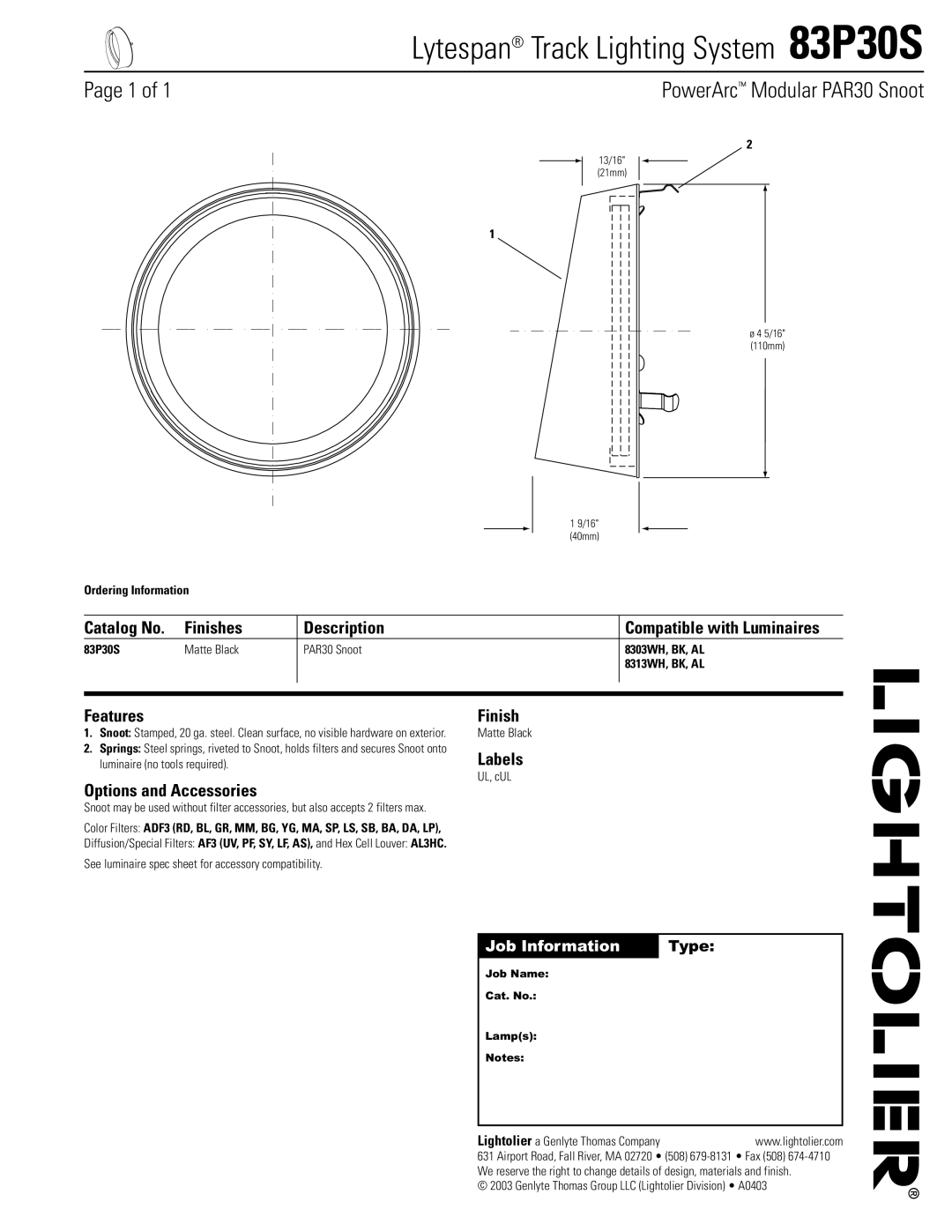 Lightolier manual Lytespan Track Lighting System 83P30S, PowerArc Modular PAR30 Snoot 