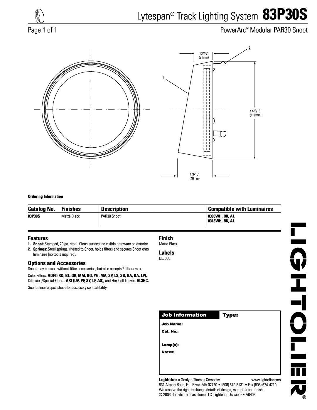 Lightolier manual Lytespan Track Lighting System 83P30S, Page 1 of, PowerArc Modular PAR30 Snoot, Catalog No, Finishes 