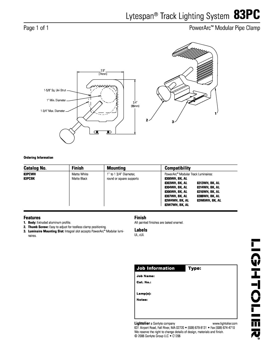Lightolier manual Lytespan Track Lighting System 83PC, Page 1 of, PowerArc Modular Pipe Clamp, Catalog No, Finish, Type 
