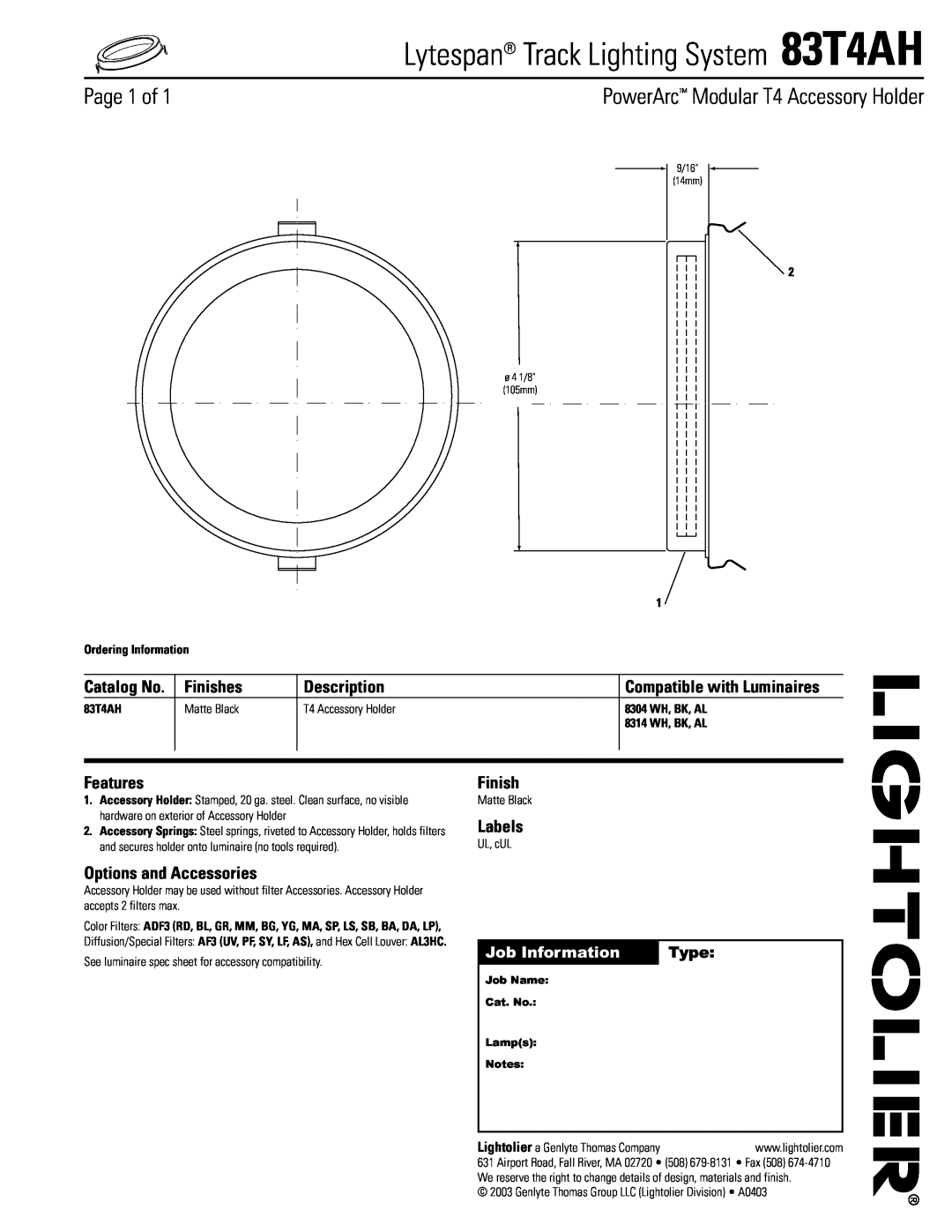 Lightolier manual Lytespan Track Lighting System 83T4AH, Page 1 of, PowerArc Modular T4 Accessory Holder, Finishes 
