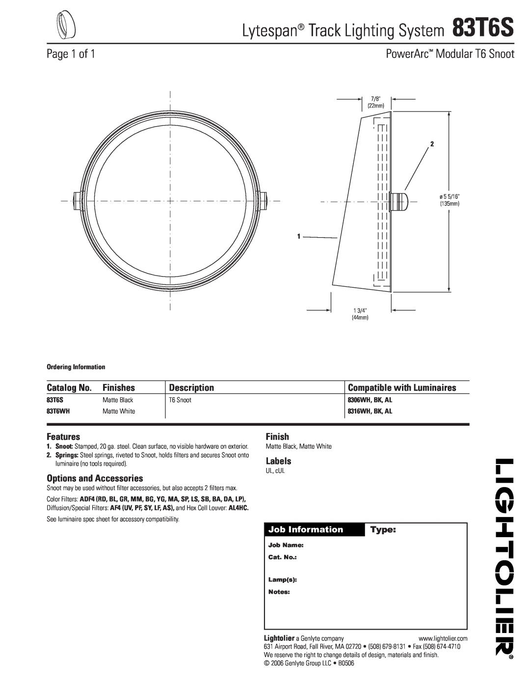 Lightolier manual Lytespan Track Lighting System 83T6S, Page 1 of, PowerArc Modular T6 Snoot, Catalog No, Finishes 