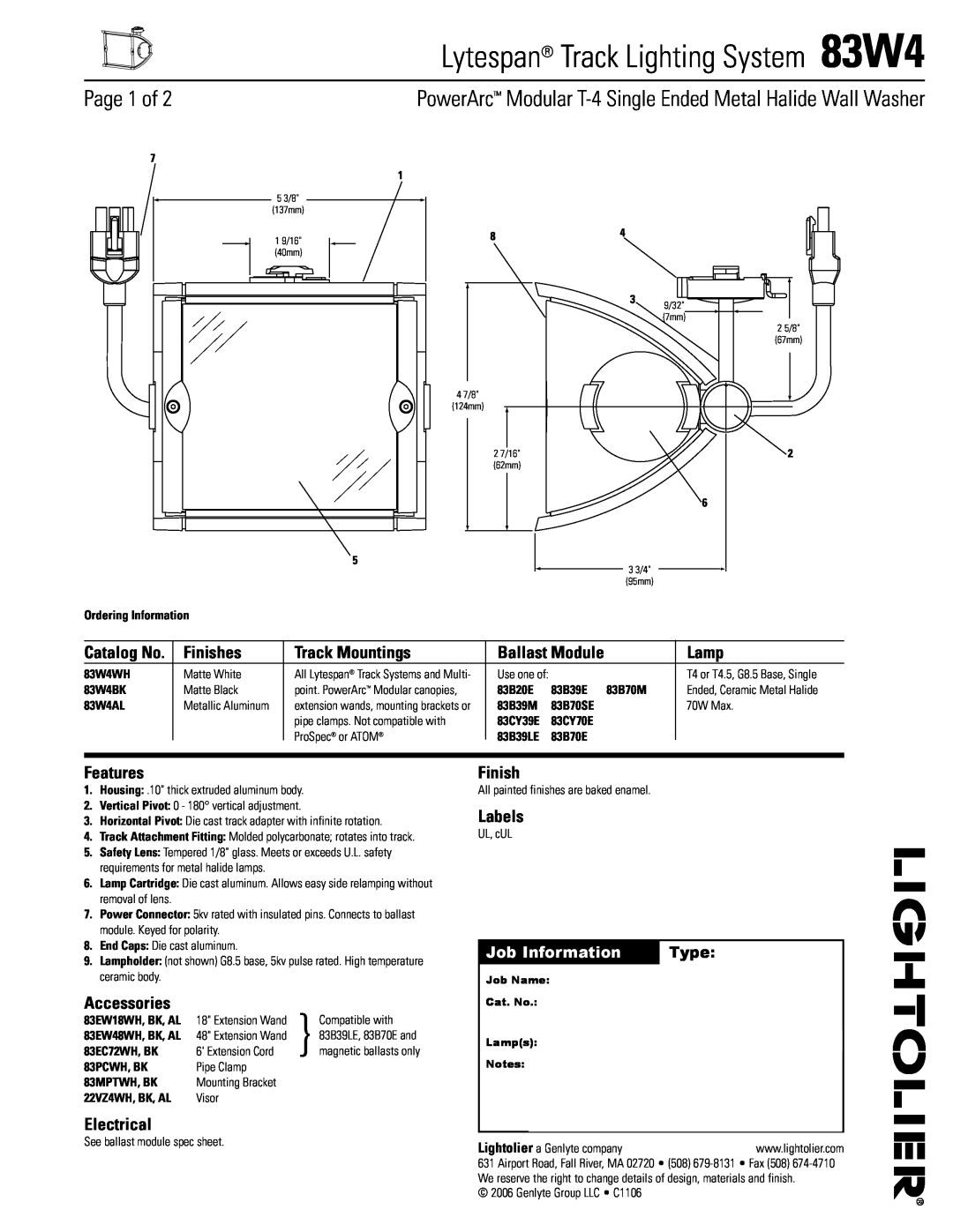 Lightolier manual Lytespan Track Lighting System 83W4, Page of, Finishes, Track Mountings, Ballast Module, Lamp, Labels 