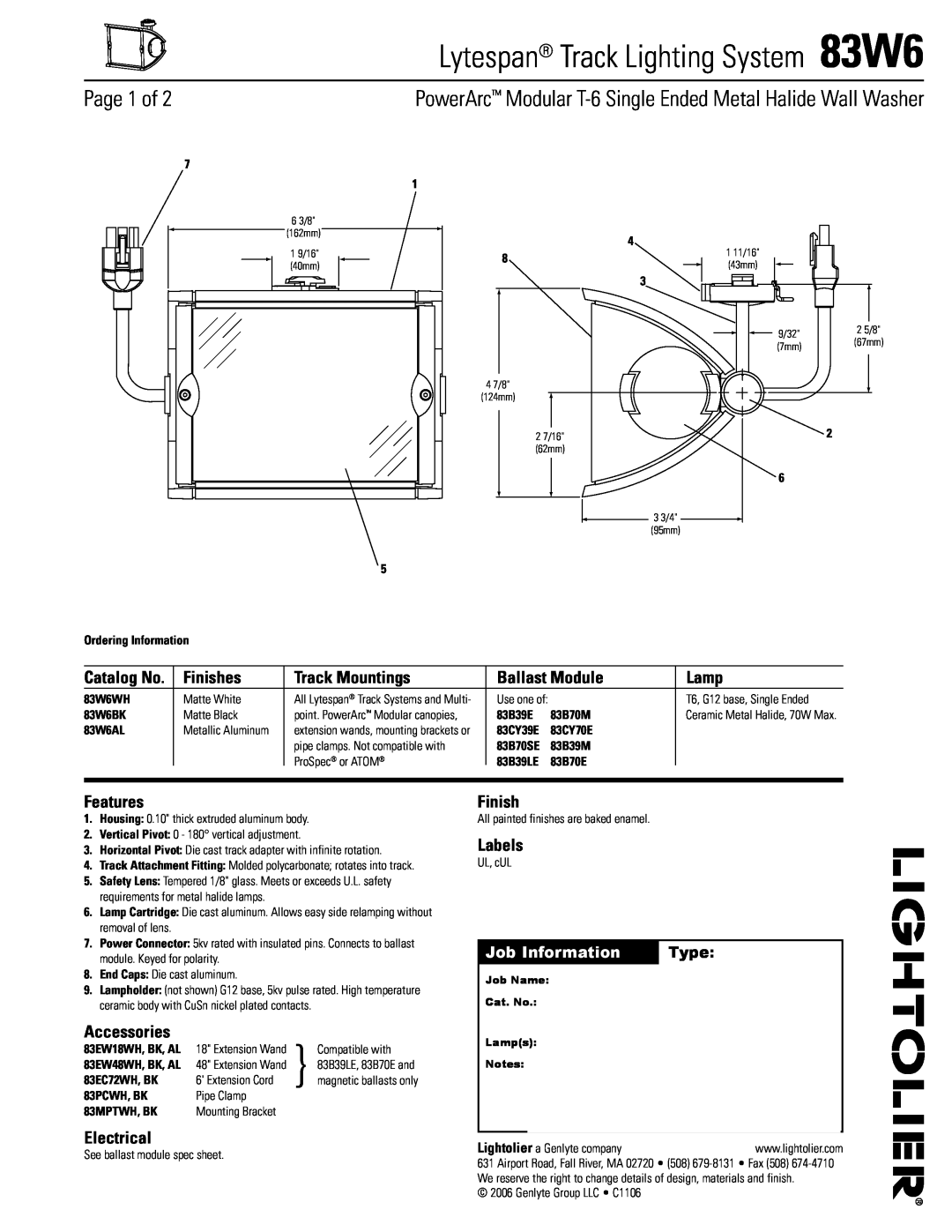 Lightolier manual Lytespan Track Lighting System 83W6, Page 1 of, Finishes, Track Mountings, Ballast Module, Lamp, Type 