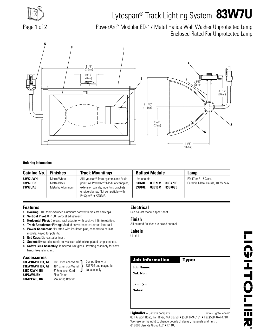 Lightolier 83W7U manual Finishes Track Mountings, Lamp, Features, Accessories, Electrical, Labels 