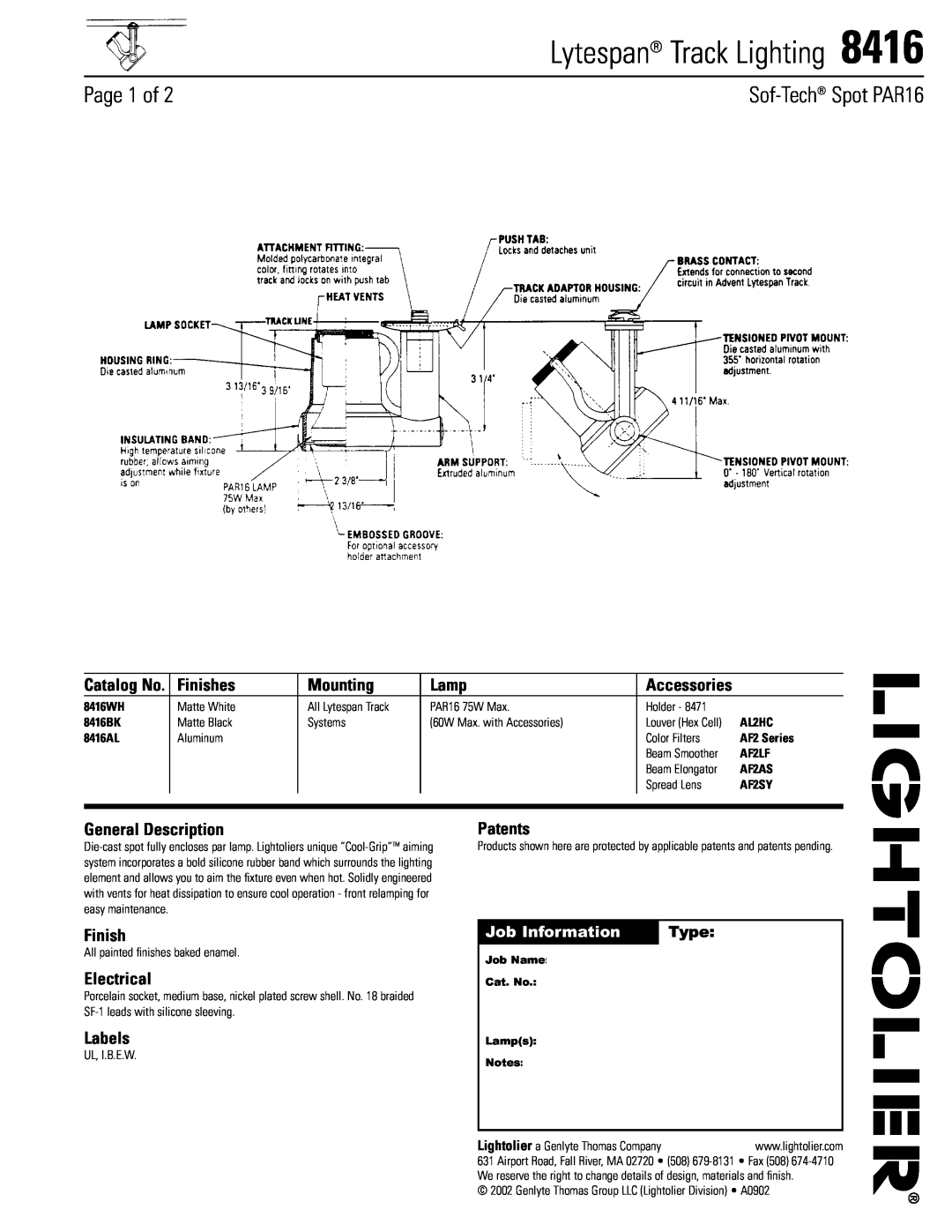 Lightolier 8416 manual Lytespan Track Lighting, Page 1 of, Sof-Tech Spot PAR16, Finishes, Mounting, Lamp, Electrical, Type 