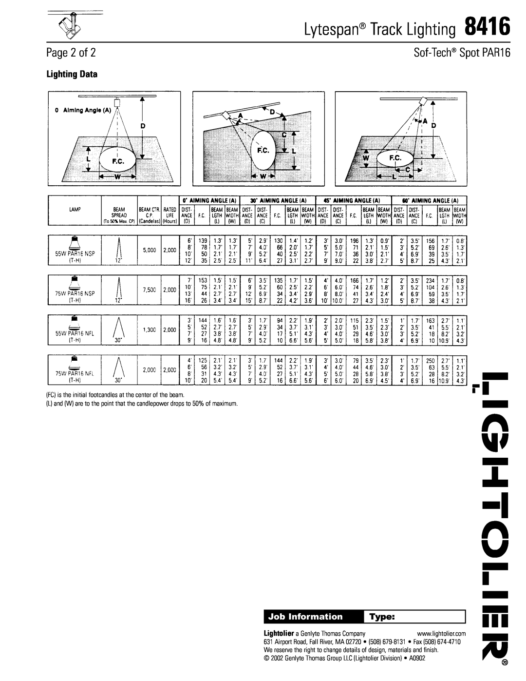 Lightolier 8416 manual Page 2 of, Lighting Data, Type, Lytespan Track Lighting, Sof-Tech Spot PAR16, Job Information 