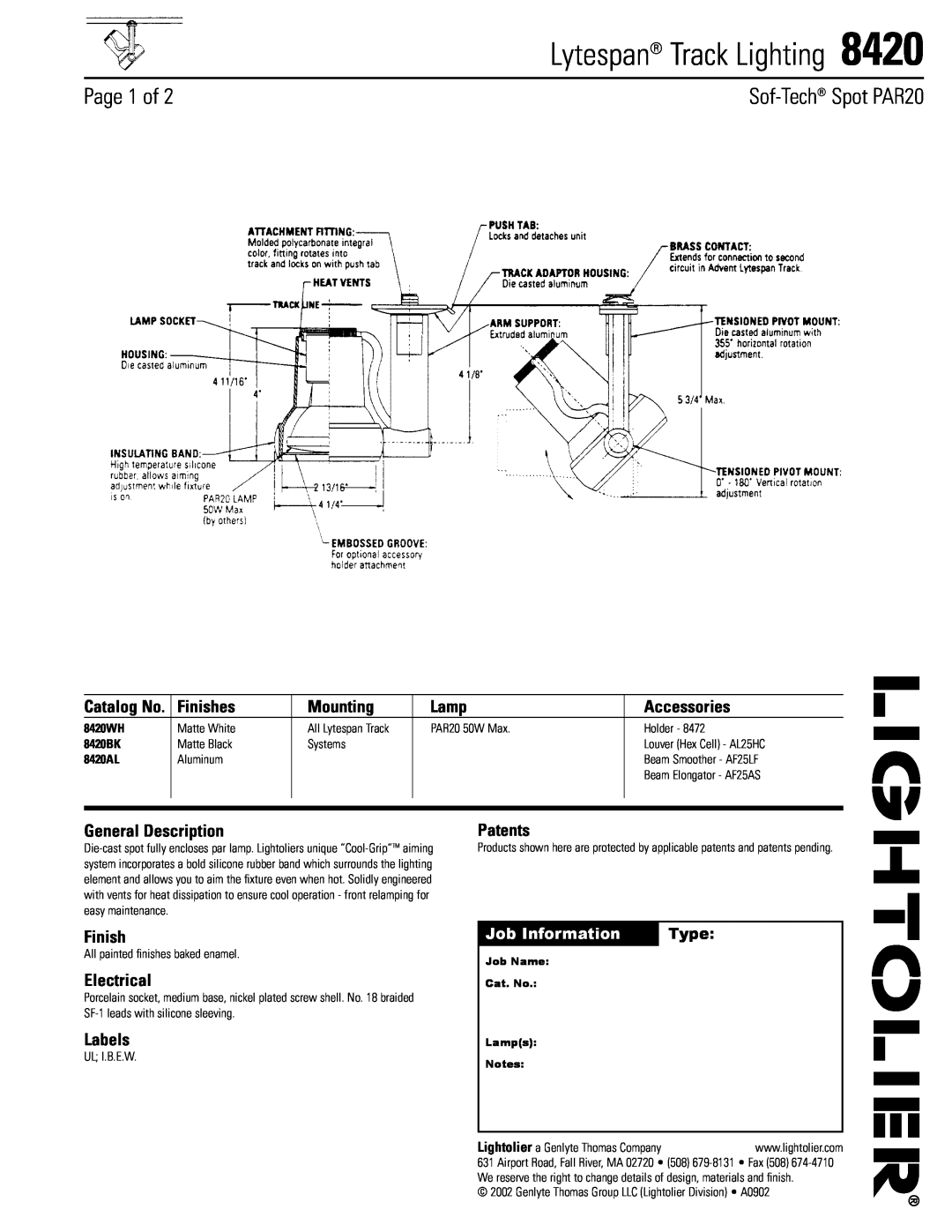 Lightolier 8420 manual Lytespan Track Lighting, Page 1 of, Sof-Tech Spot PAR20, Finishes, Mounting, Lamp, Accessories 