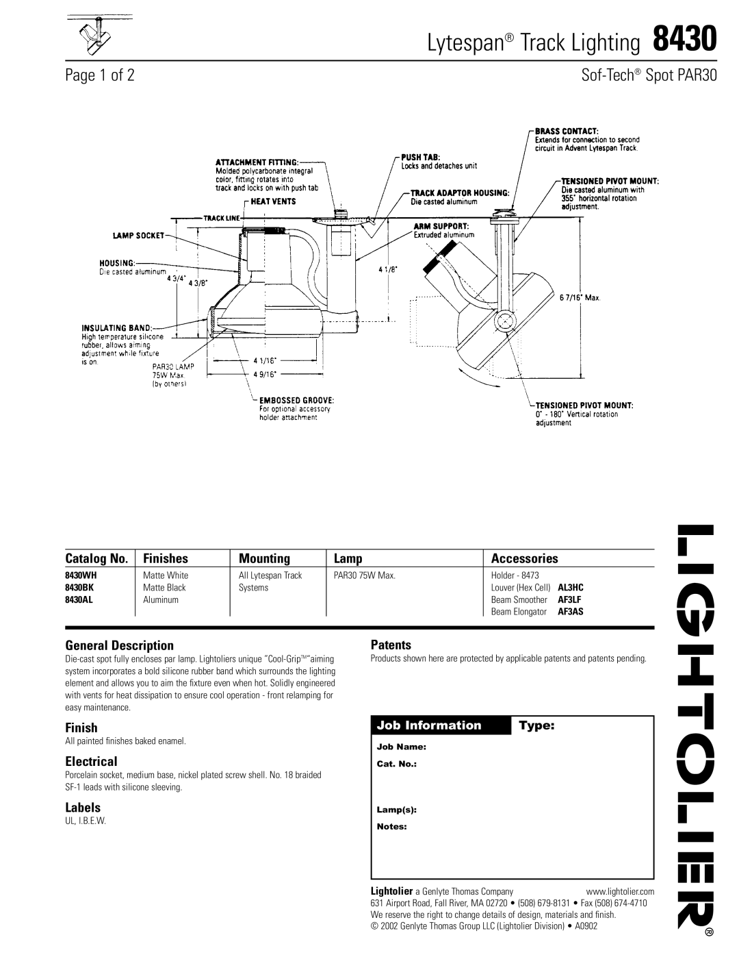 Lightolier 8430 manual Lytespan Track Lighting 