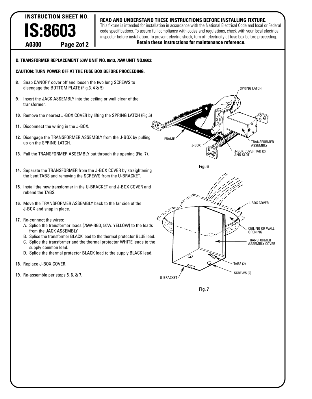 Lightolier 8603 instruction sheet 2of, Replace J-BOX Cover Re-assemble per steps 5, 6, Screws 