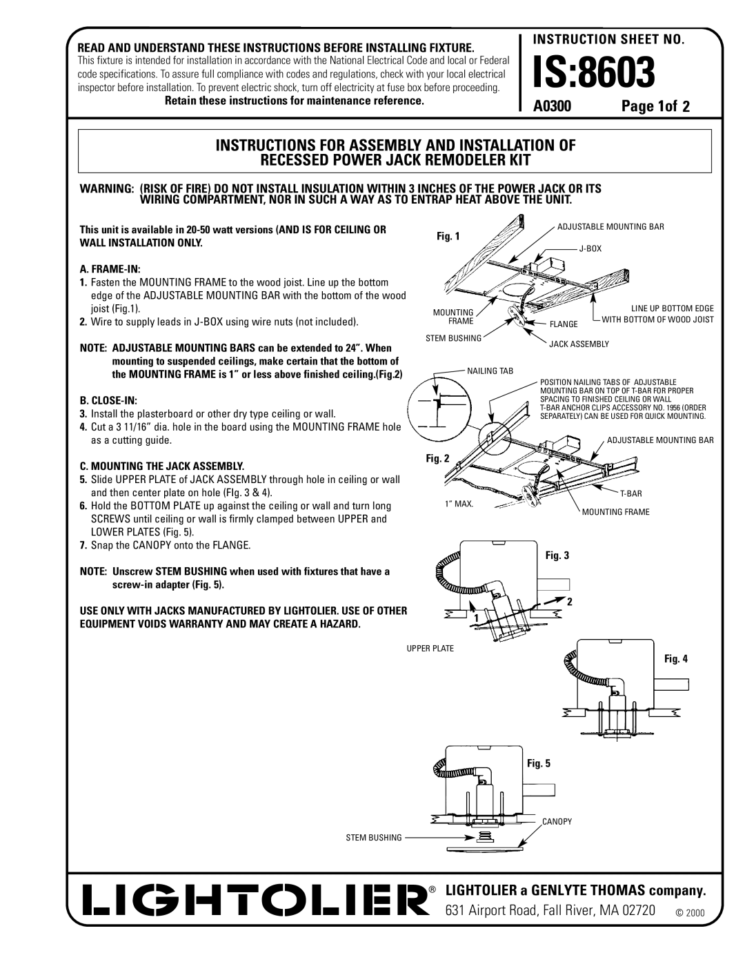 Lightolier 8603 instruction sheet Is, A0300, Instructions For Assembly And Installation Of, Instruction Sheet No, Page 1of 