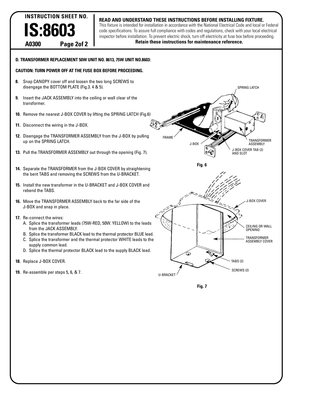 Lightolier instruction sheet IS:8603, A0300, Instruction Sheet No, Page 2of 
