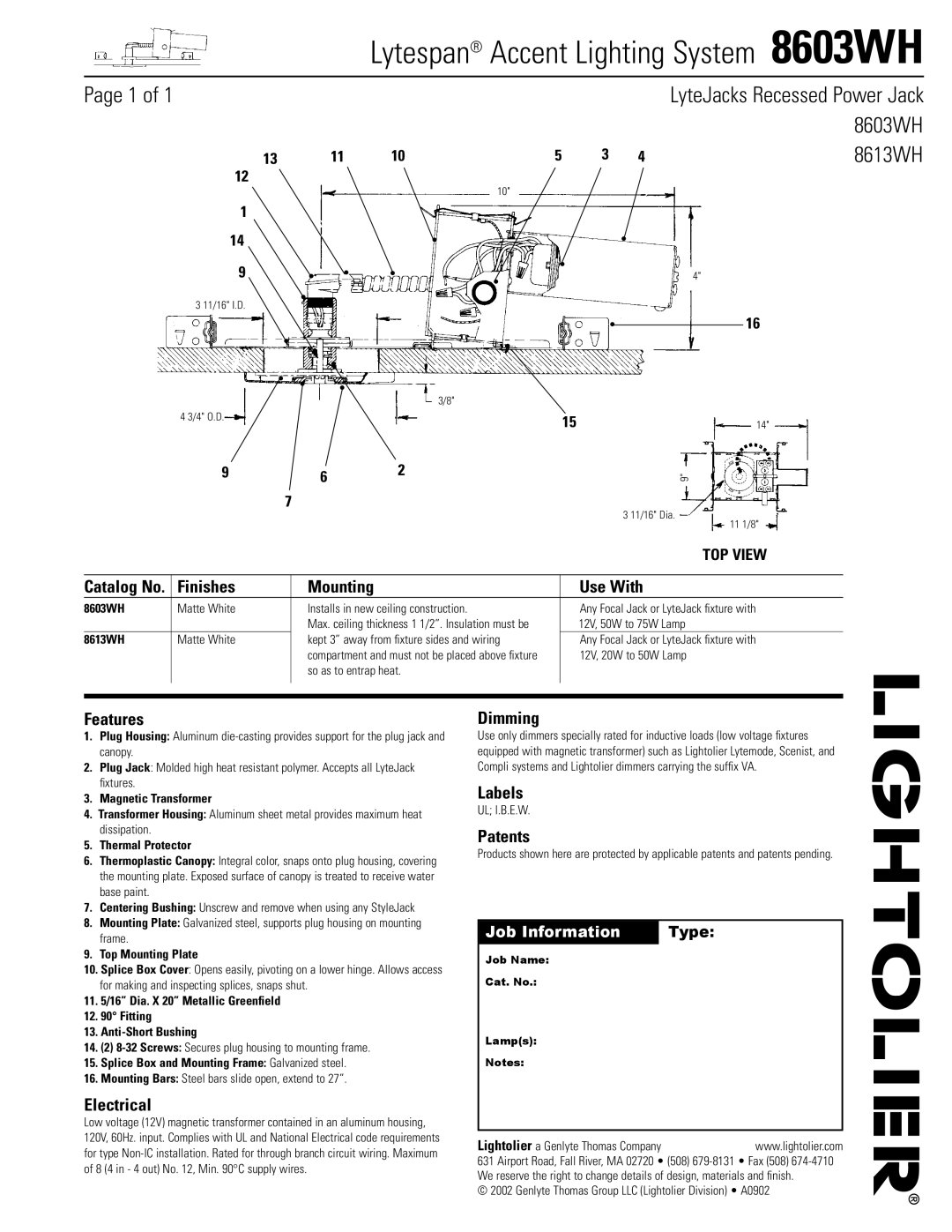 Lightolier 8603WH manual Finishes Mounting Use With, Features, Electrical, Dimming, Labels, Patents 