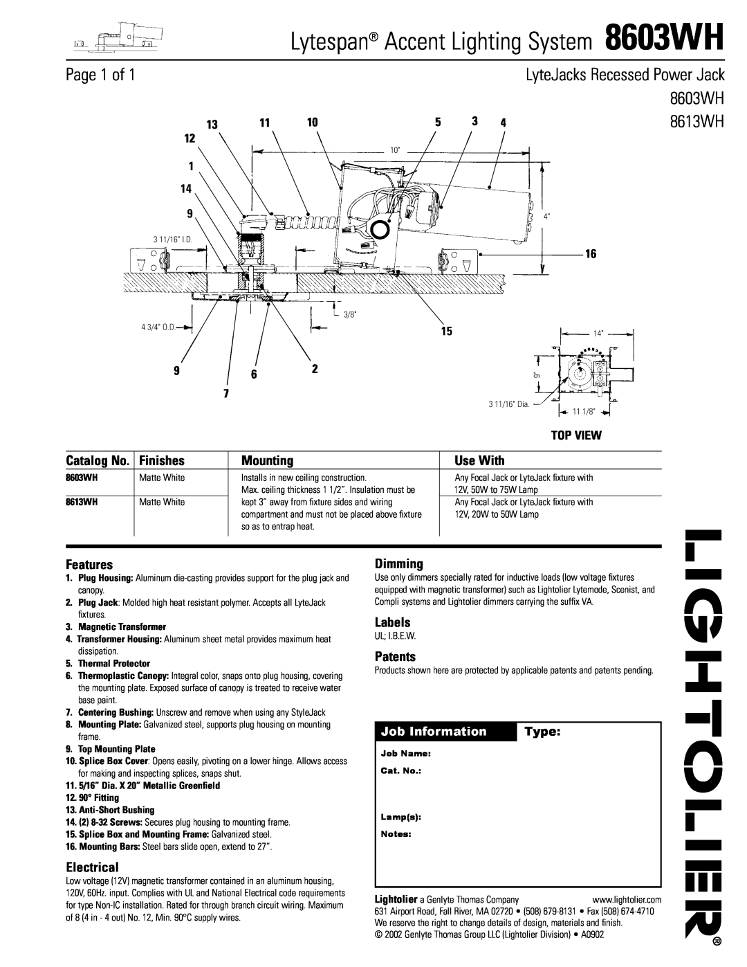 Lightolier 8603WH manual Lytespan Accent Lighting System, 8613WH, LyteJacks Recessed Power Jack, Page 1 of, Finishes, Type 