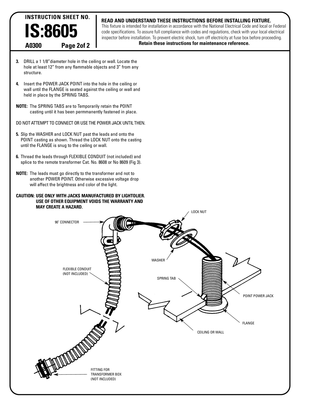 Lightolier 8605 instruction sheet 2of, Do not Attempt to Connect or USE the Power Jack Until then 