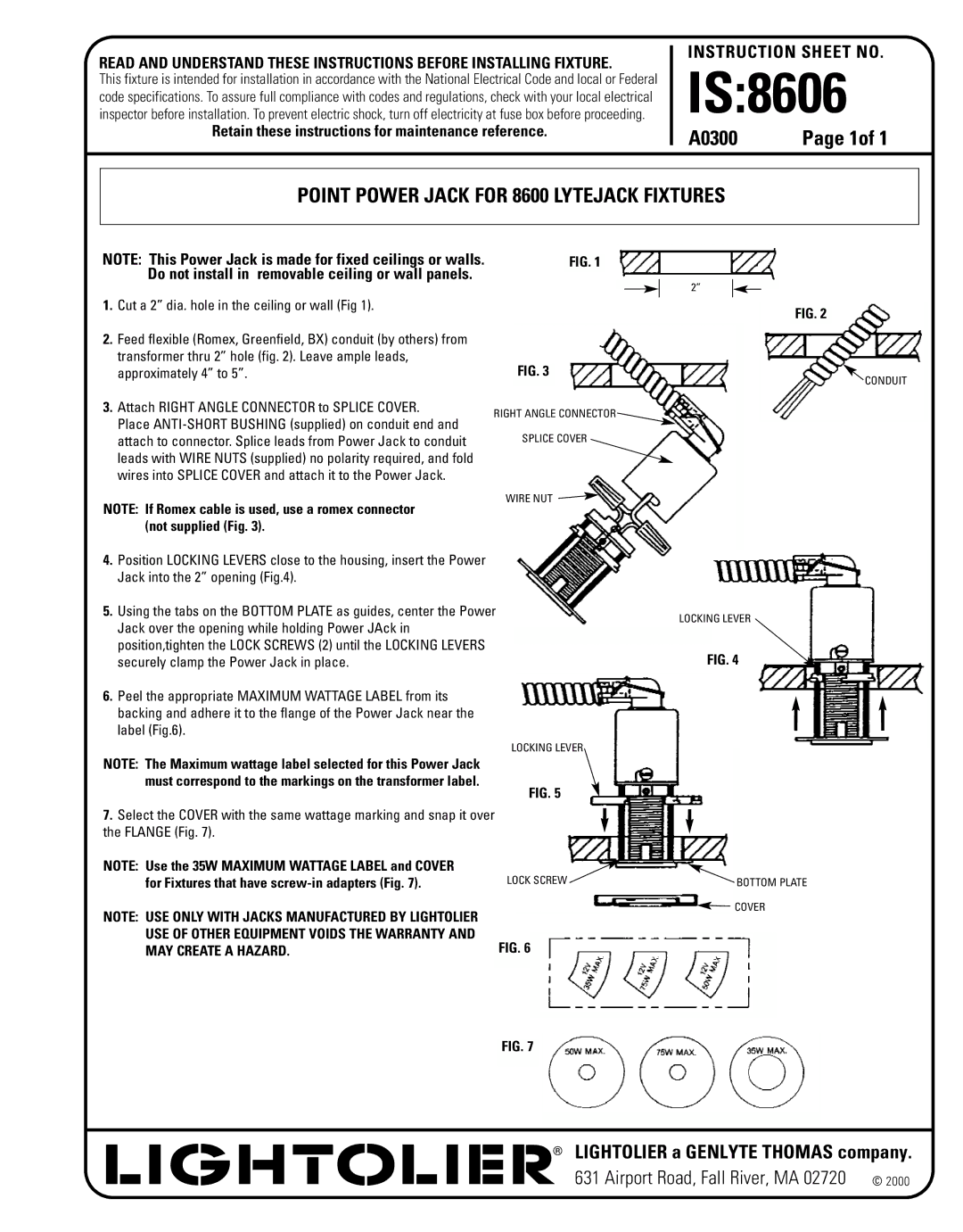 Lightolier 8606WH instruction sheet IS8606, Point Power Jack for 8600 Lytejack Fixtures 