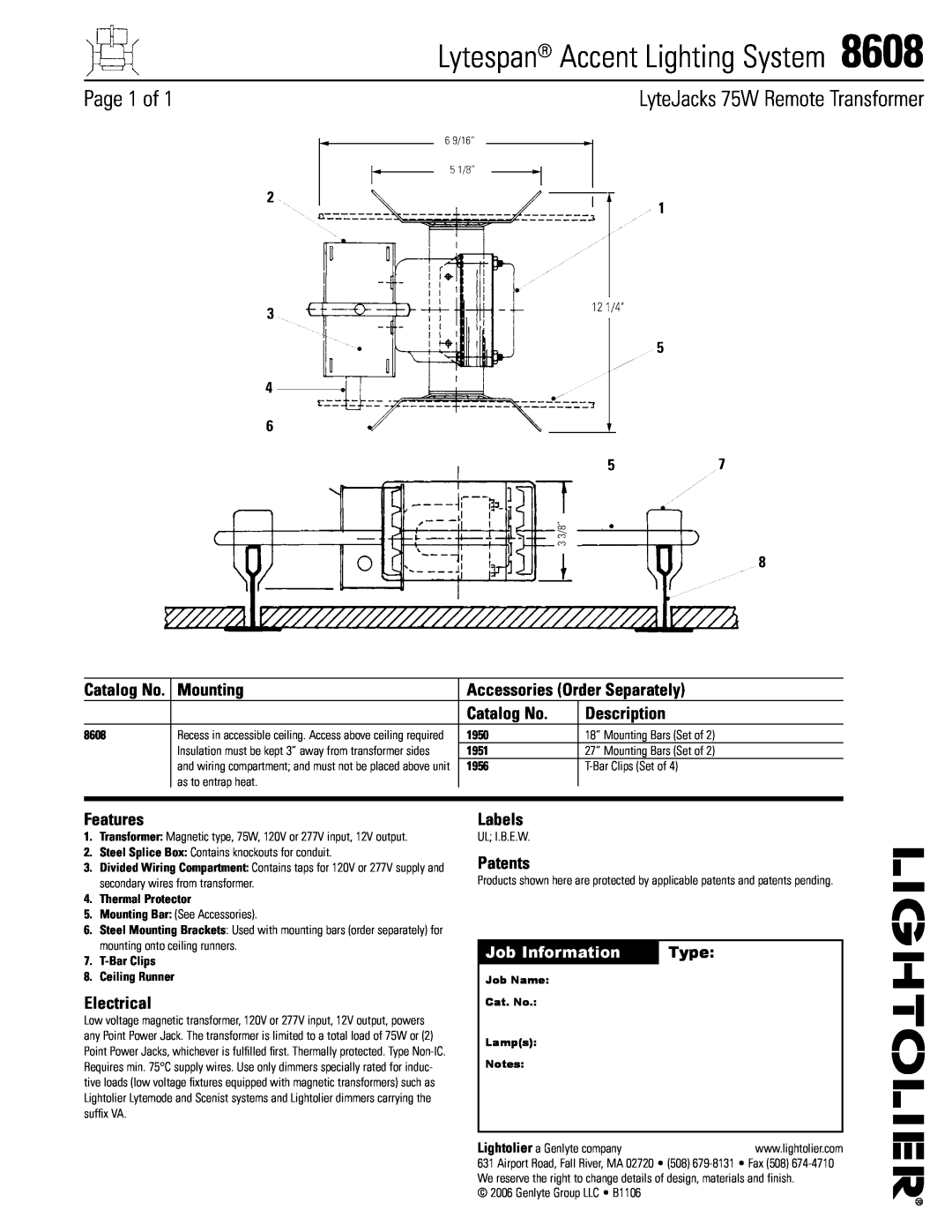 Lightolier 8608 manual Lytespan Accent Lighting System, Page of, LyteJacks 75W Remote Transformer, Mounting, Catalog No 