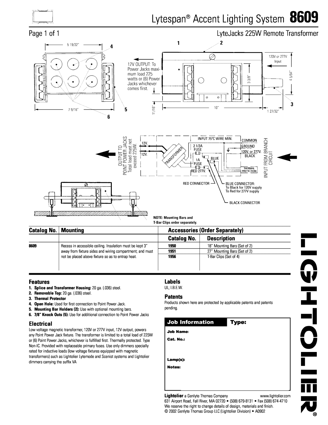 Lightolier 8609 manual Lytespan Accent Lighting System, Page 1 of, LyteJacks 225W Remote Transformer, Mounting, Features 