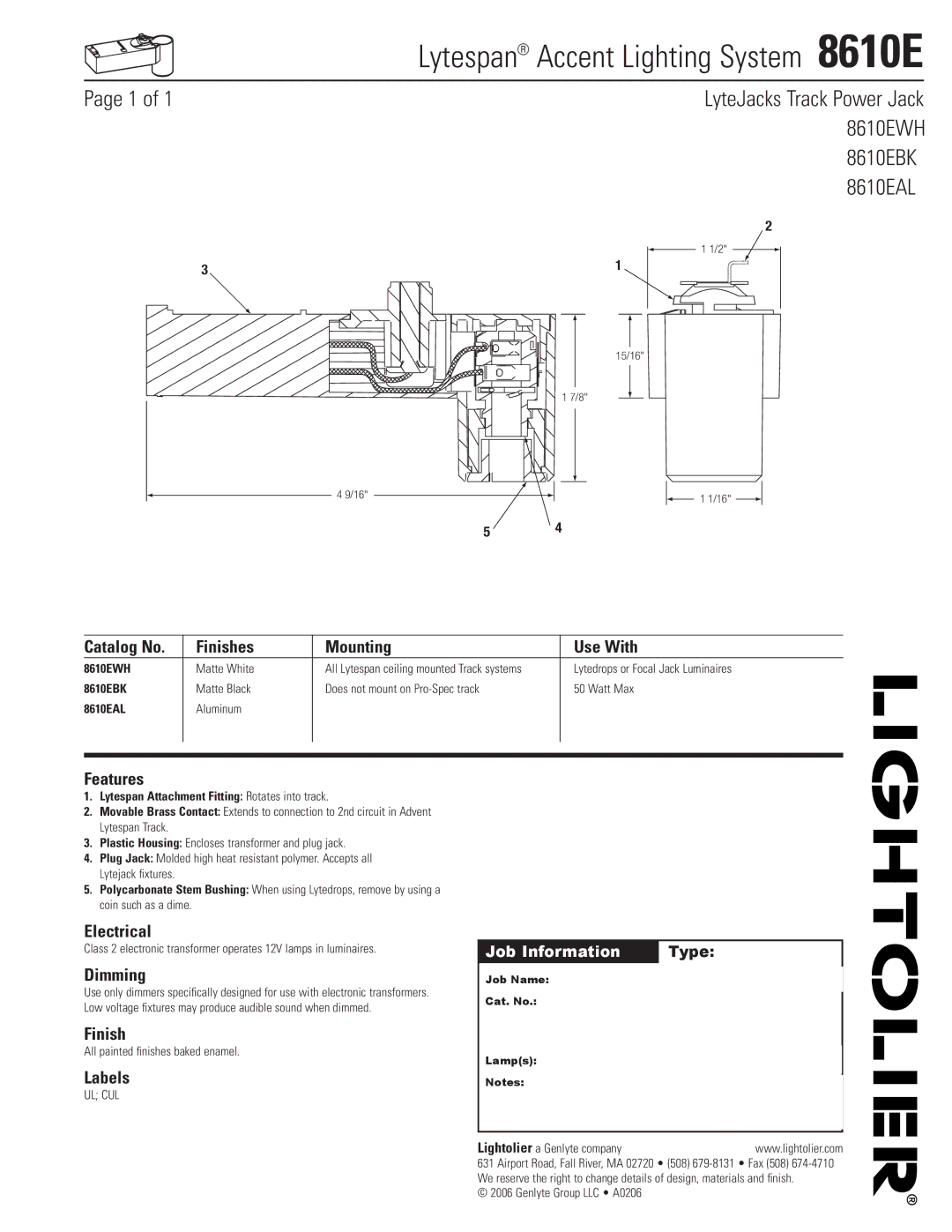 Lightolier manual Lytespan Accent Lighting System 8610E, LyteJacks Track Power Jack, 8610EAL 