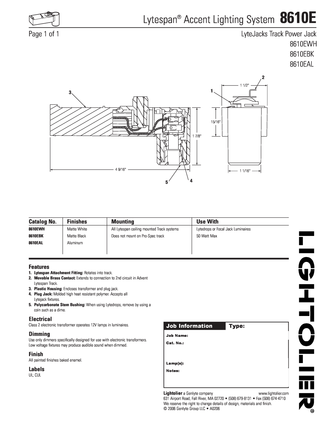 Lightolier manual Lytespan Accent Lighting System 8610E, LyteJacks Track Power Jack, Page 1 of, 8610EAL, 8610EWH 