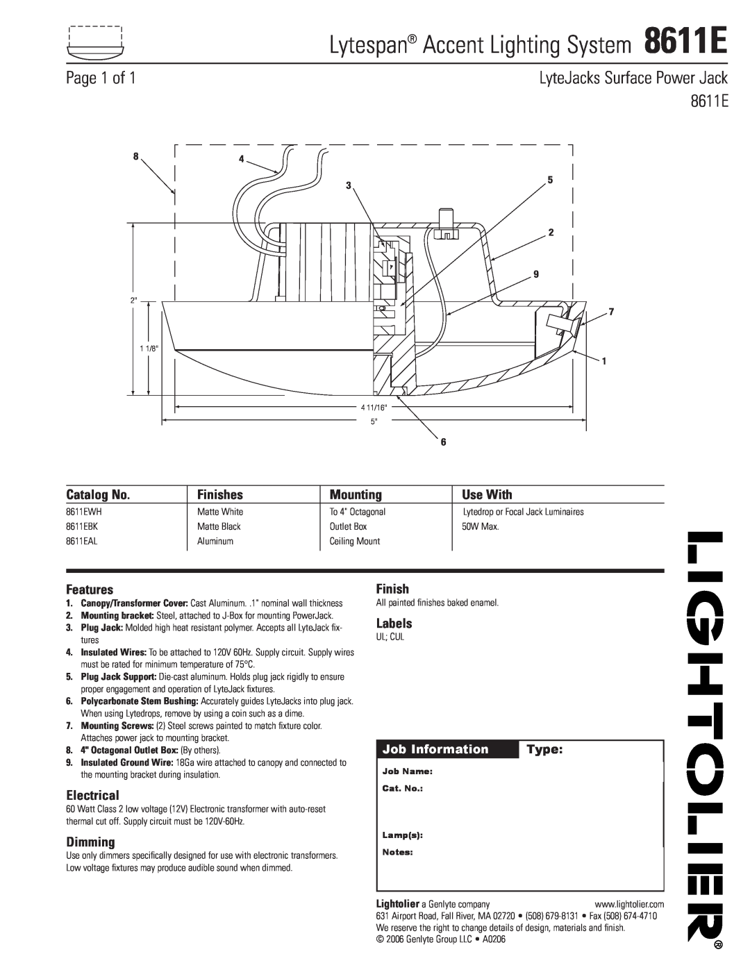 Lightolier manual Lytespan Accent Lighting System 8611E, Page 1 of, LyteJacks Surface Power Jack, Finishes, Mounting 