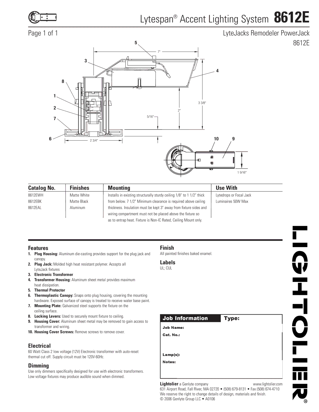 Lightolier manual Lytespan Accent Lighting System 8612E 
