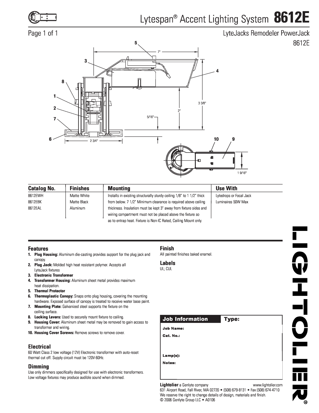 Lightolier manual Lytespan Accent Lighting System 8612E, Page 1 of, LyteJacks Remodeler PowerJack 8612E, Catalog No 