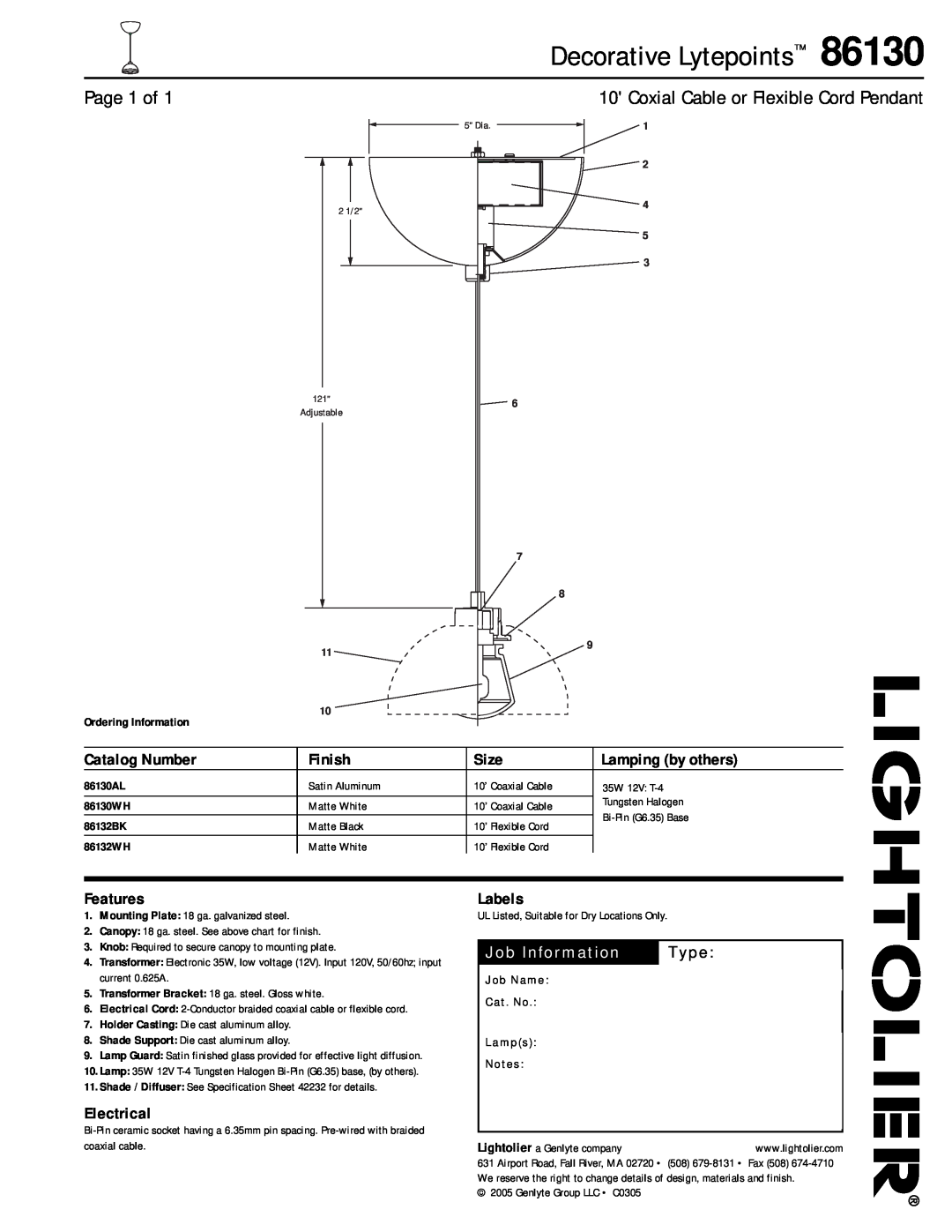 Lightolier 86130 specifications Decorative Lytepoints, Page 1 of, Coxial Cable or Flexible Cord Pendant, Catalog Number 