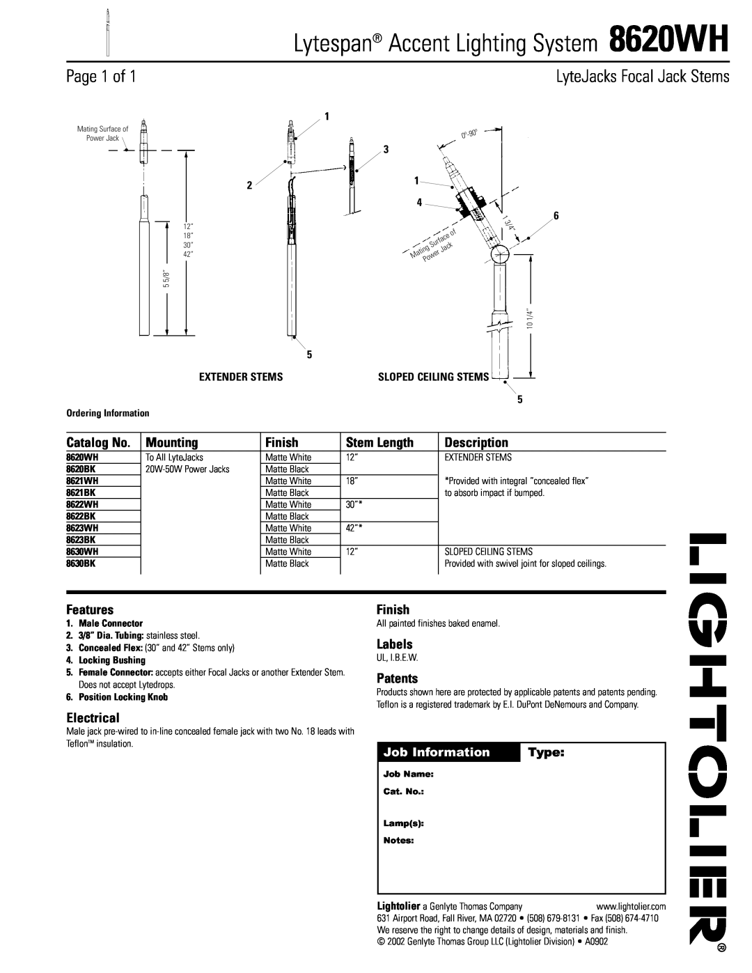 Lightolier manual Lytespan Accent Lighting System 8620WH, Page 1 of, LyteJacks Focal Jack Stems, Mounting, Finish, Type 