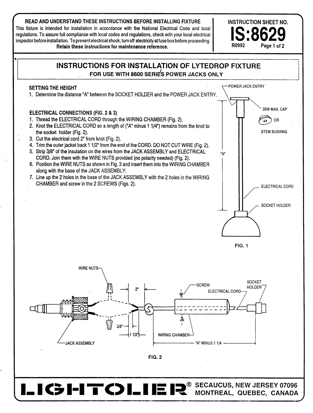 Lightolier instruction sheet IS8629, Instructions for Installation of Lytedrop Fixture, Instruction Sheet no 