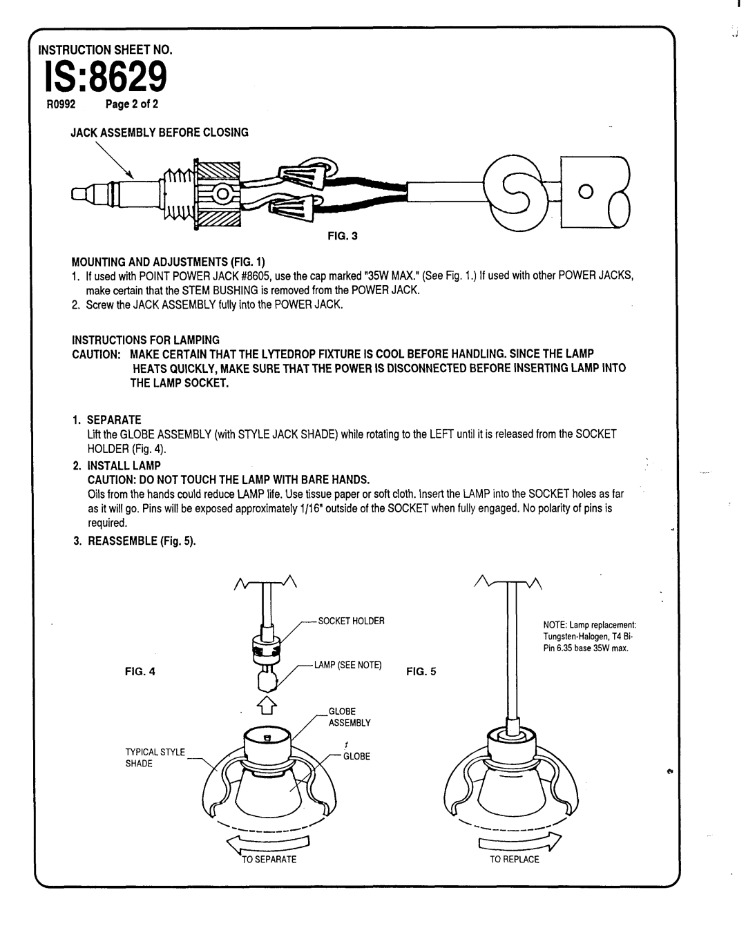 Lightolier 1S8629, Jack Assembly Before Closing Mountingand Adjustments FIG, Instructionsfor Lamping Separate 