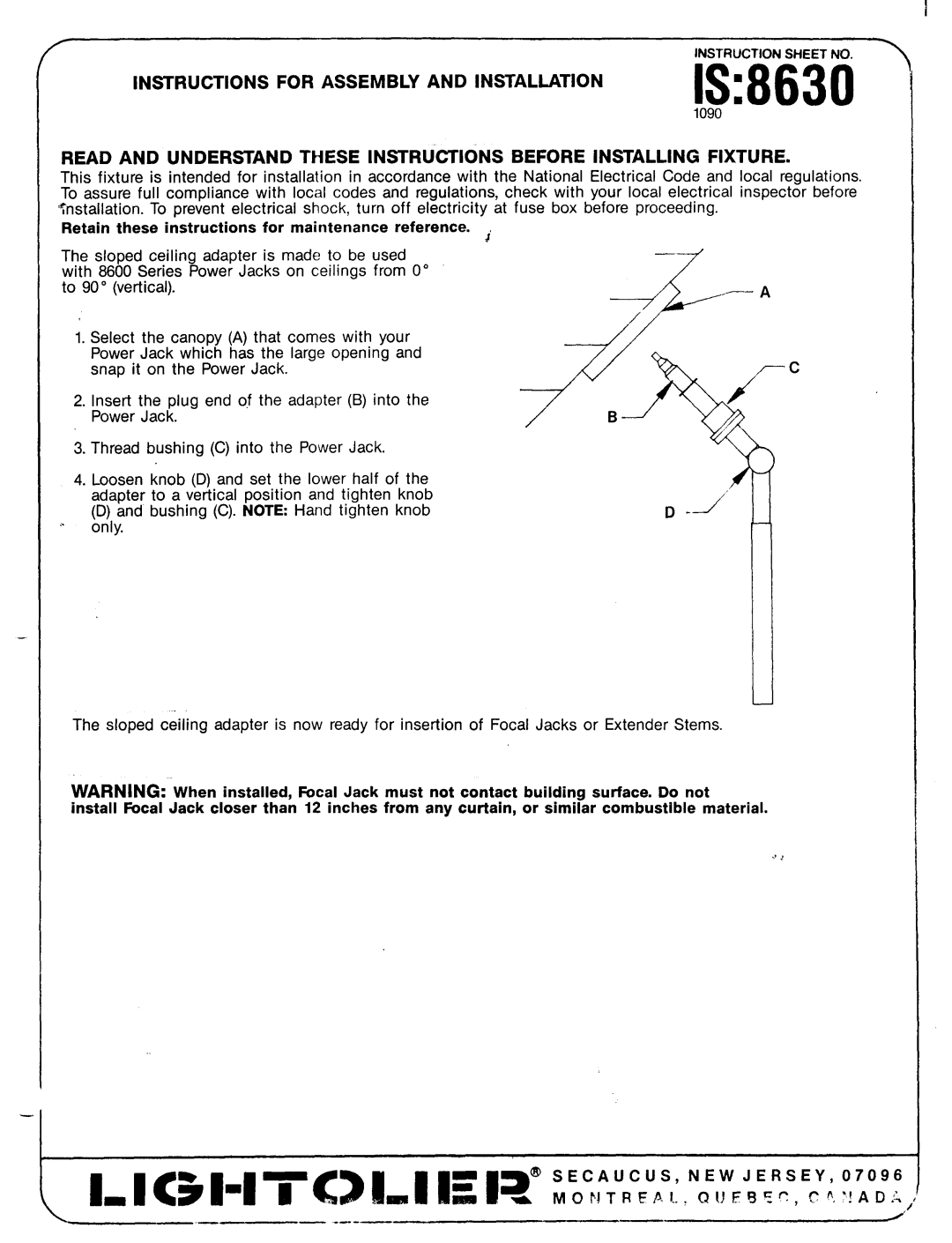 Lightolier 8630 instruction sheet Is, Instructionsfor Assembly And Installation 