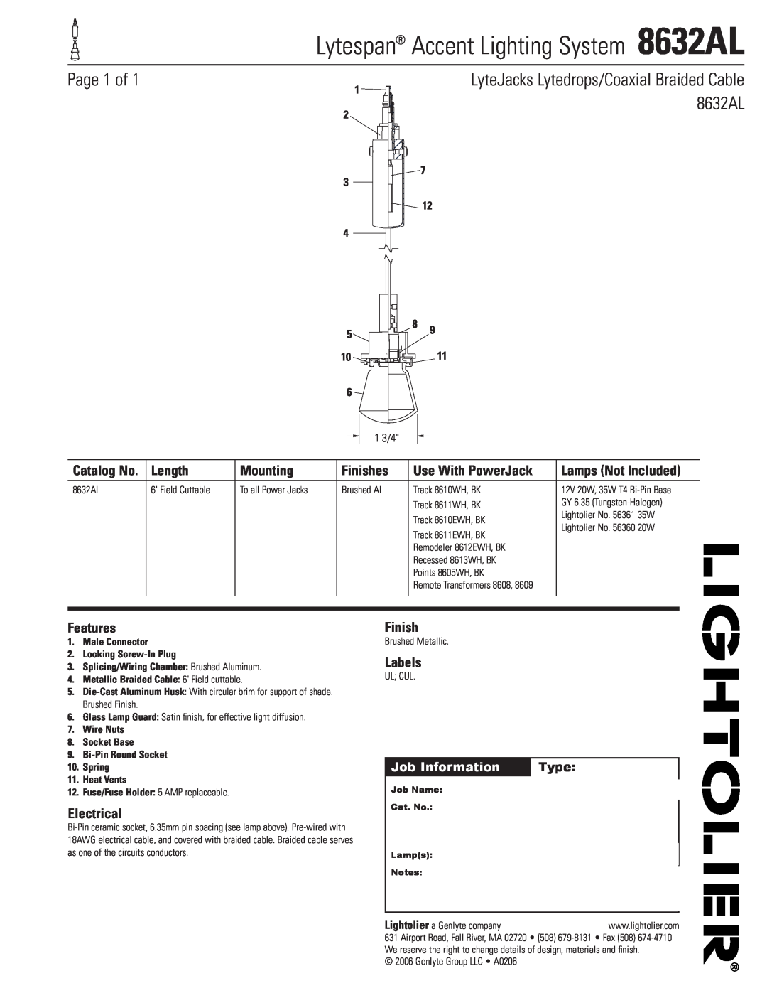 Lightolier manual Lytespan Accent Lighting System 8632AL, Page 1 of, LyteJacks Lytedrops/Coaxial Braided Cable 8632AL 