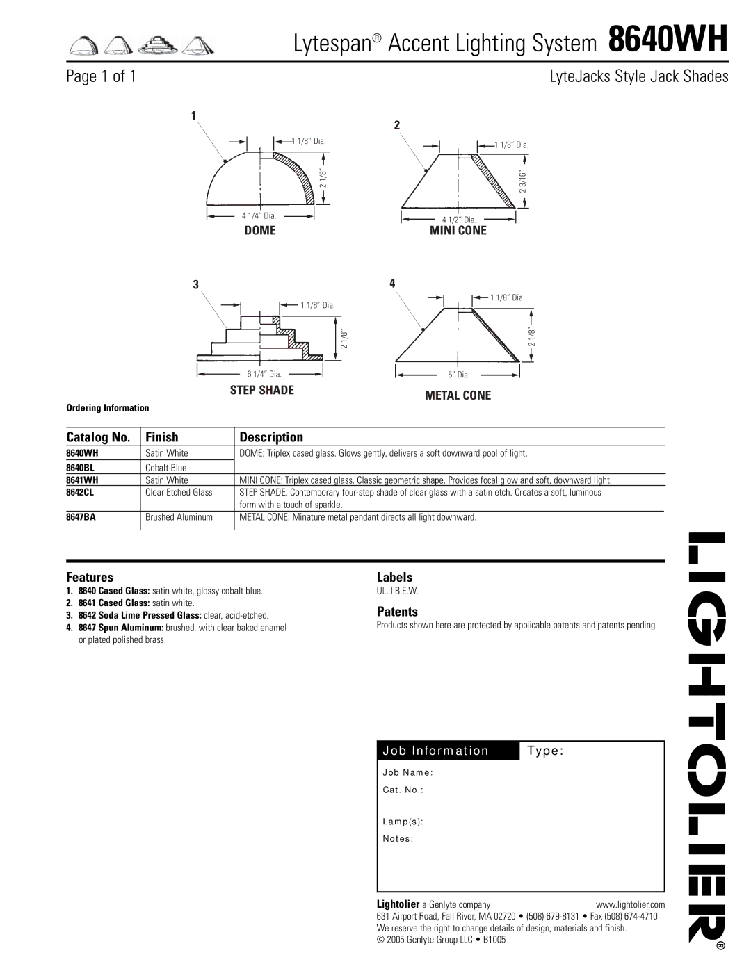 Lightolier manual Lytespan Accent Lighting System 8640WH, LyteJacks Style Jack Shades, Finish Description 