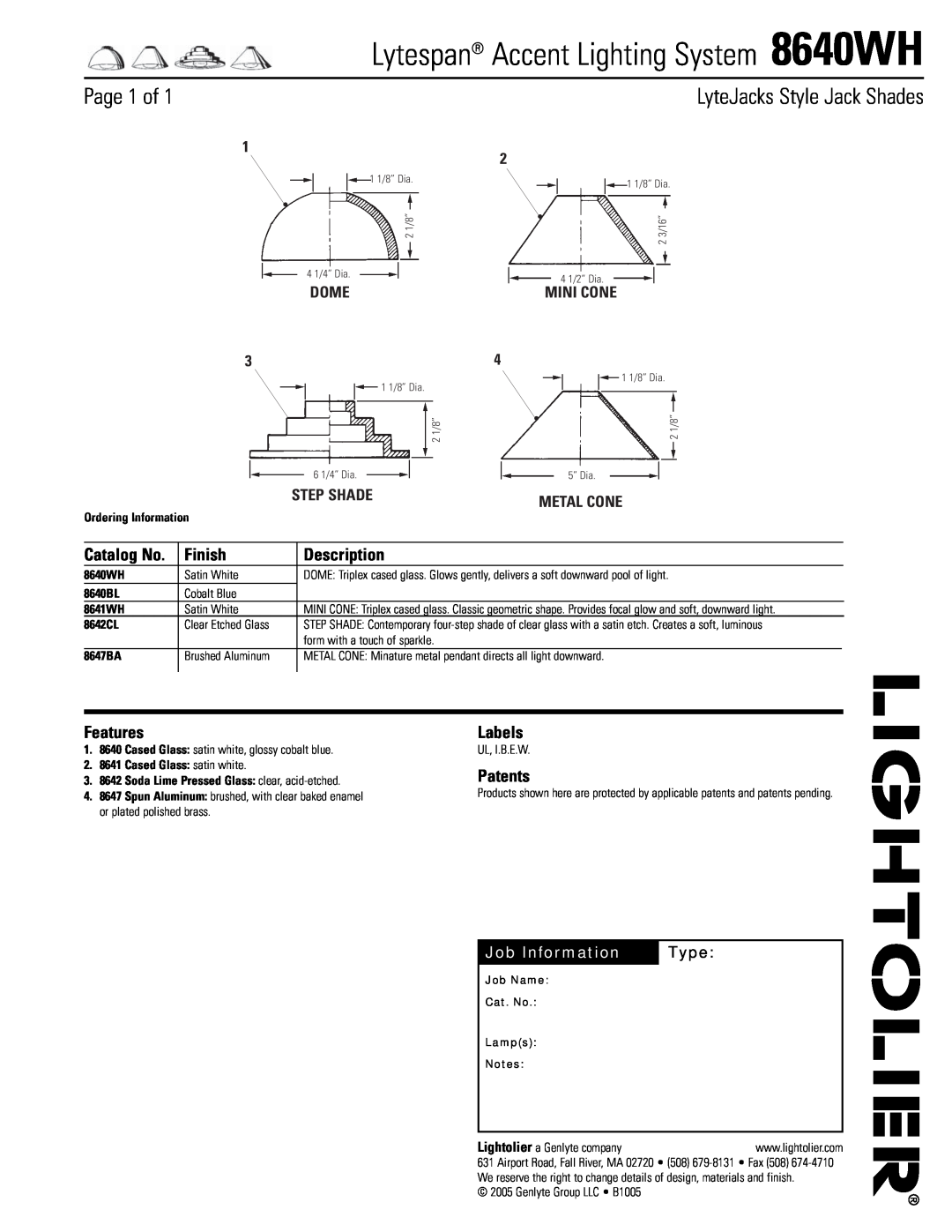 Lightolier manual Lytespan Accent Lighting System 8640WH, Page 1 of, LyteJacks Style Jack Shades, Finish, Description 