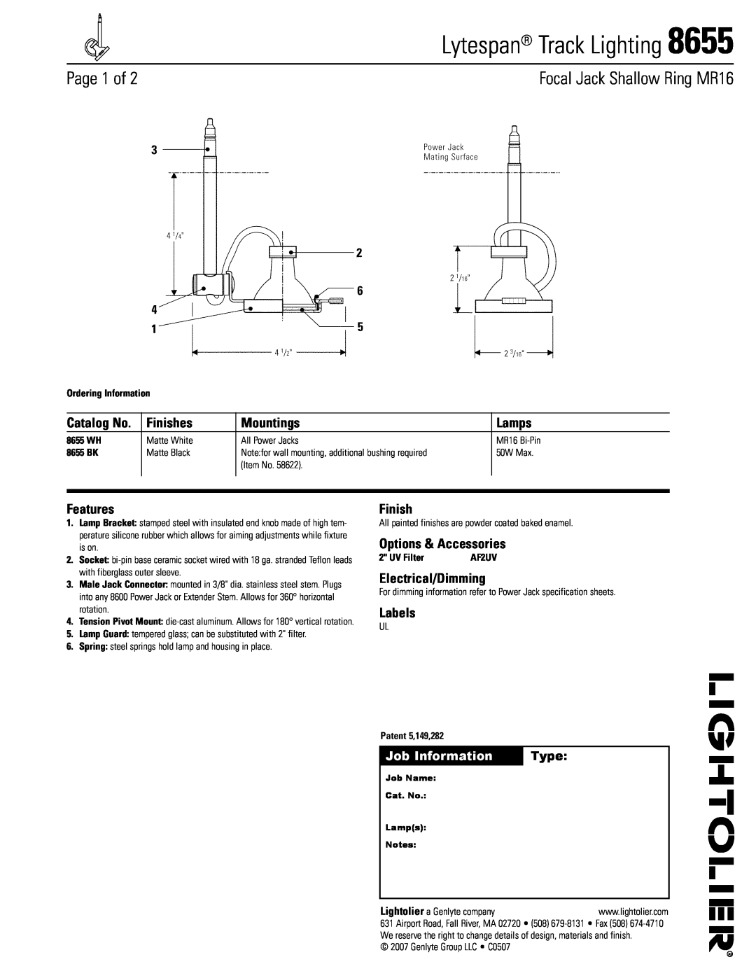 Lightolier 8655 specifications Lytespan Track Lighting, Page 1 of, Focal Jack Shallow Ring MR16, Finishes, Mountings, Type 