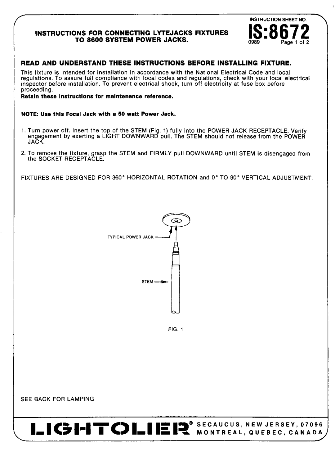 Lightolier instruction sheet IS8672, Instructions for Connecting Lytejacks Fixtures, To 8600 System Power Jacks 