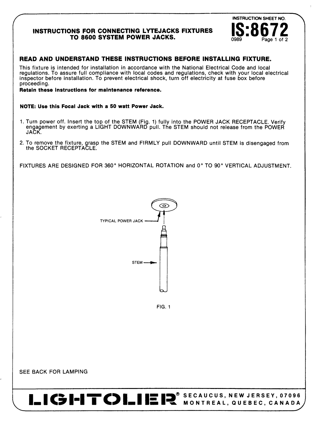 Lightolier 8672 instruction sheet Instructions For Connecting Lytejacks Fixtures, TO 8600 SYSTEM POWER JACKS, Is 