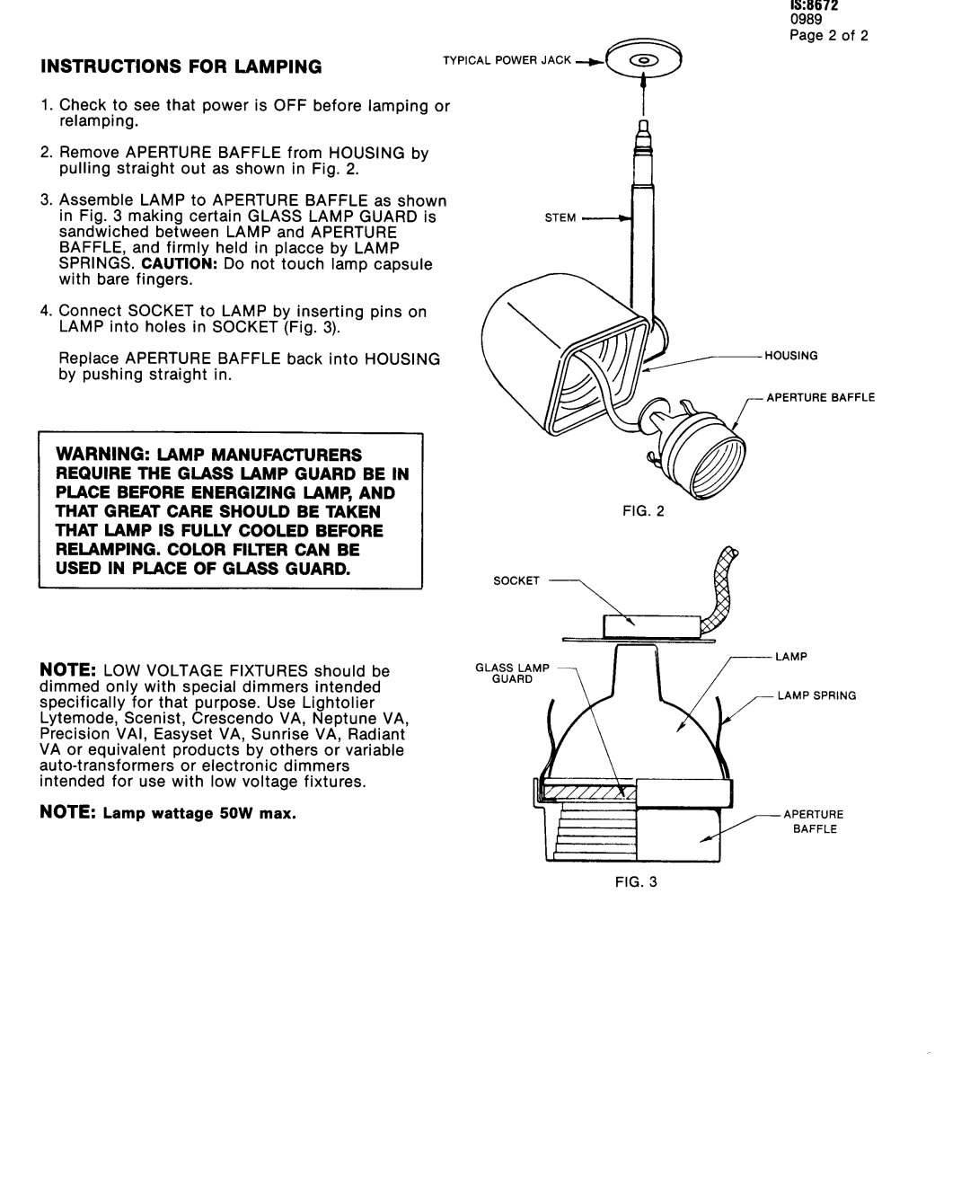 Lightolier 8672 instruction sheet Instructions For Lamping, Used In Place Of Glass Guard 