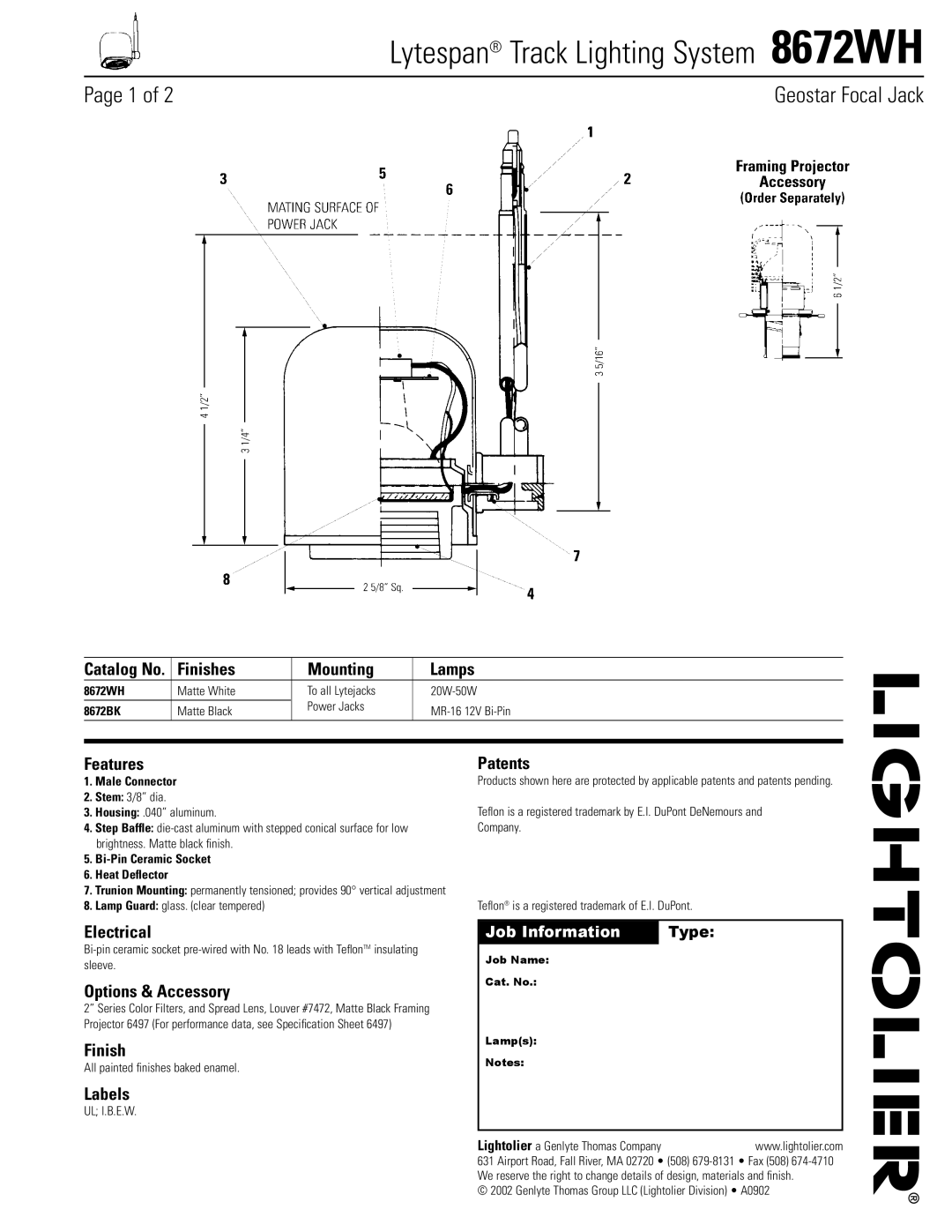 Lightolier 8672WH specifications Finishes Mounting Lamps, Features, Patents, Electrical, Options & Accessory, Labels 