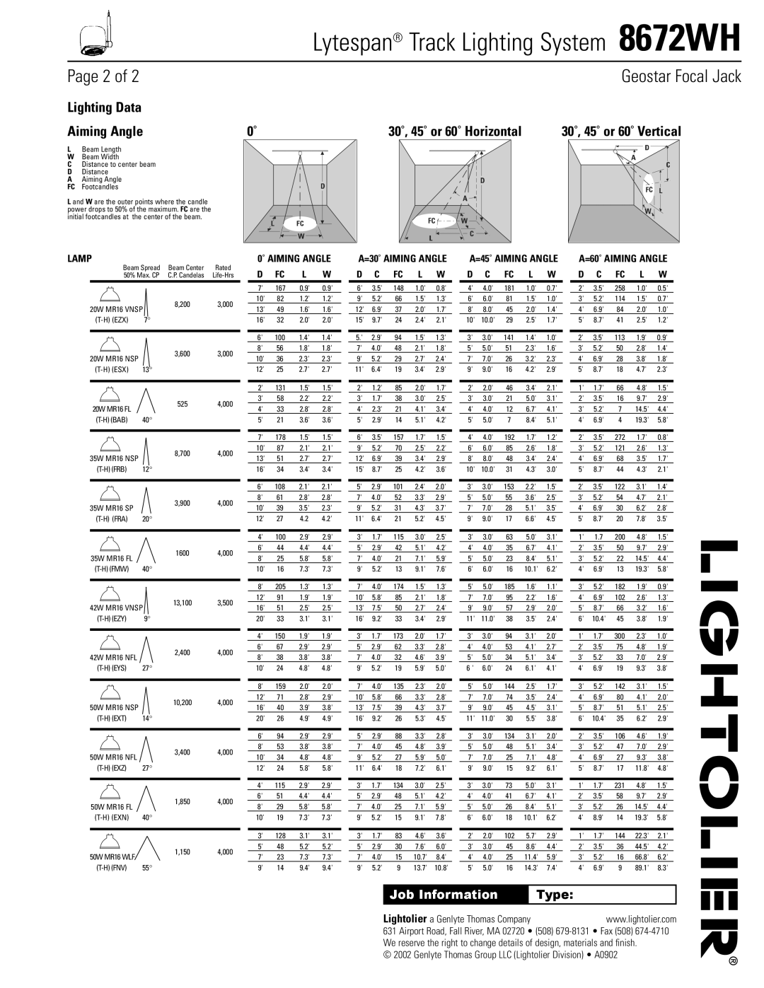 Lightolier 8672WH specifications Geostar Focal Jack, 20W MR16 Vnsp, 42W MR16 Vnsp 