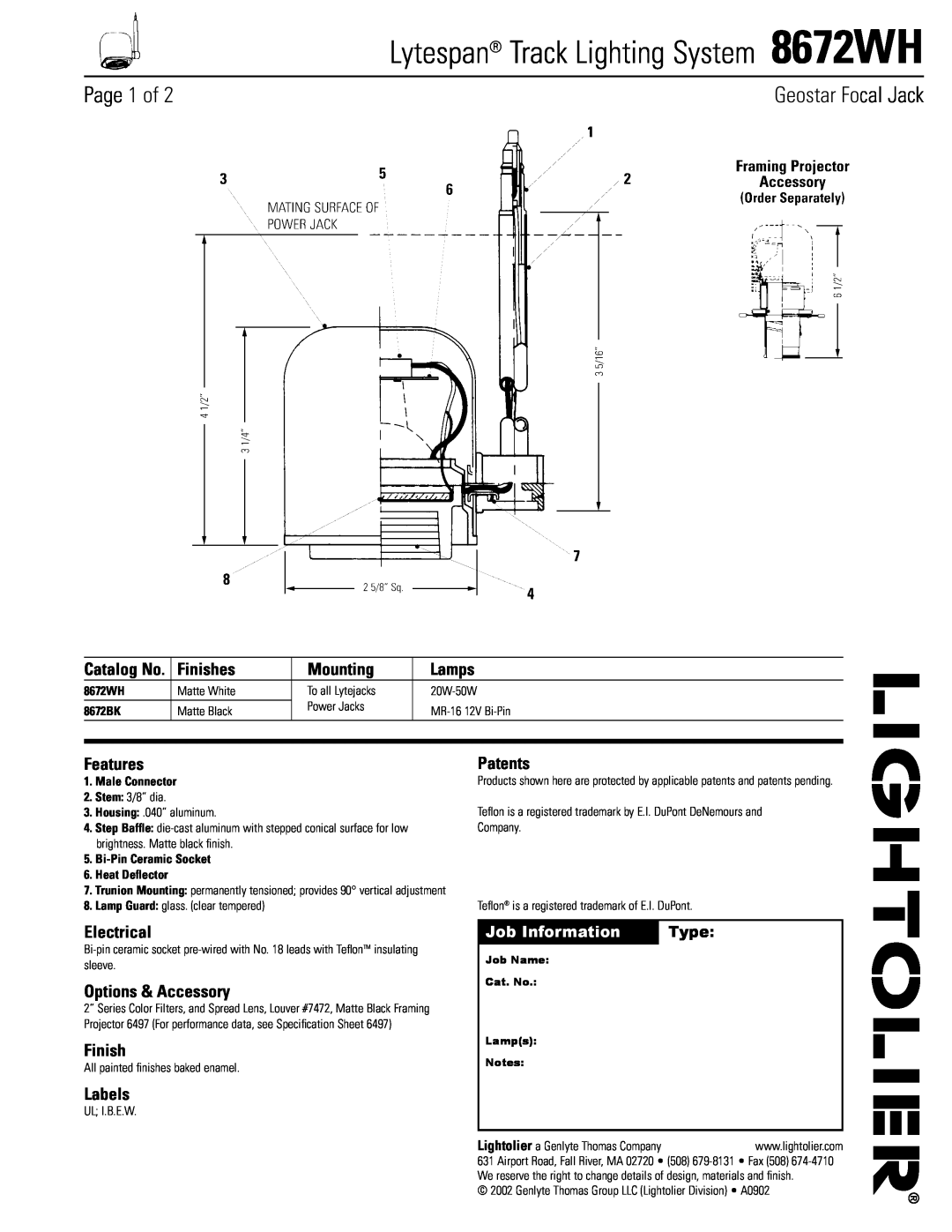 Lightolier 8672WH specifications Finishes, Mounting, Lamps, Features, Patents, Electrical, Options & Accessory, Labels 
