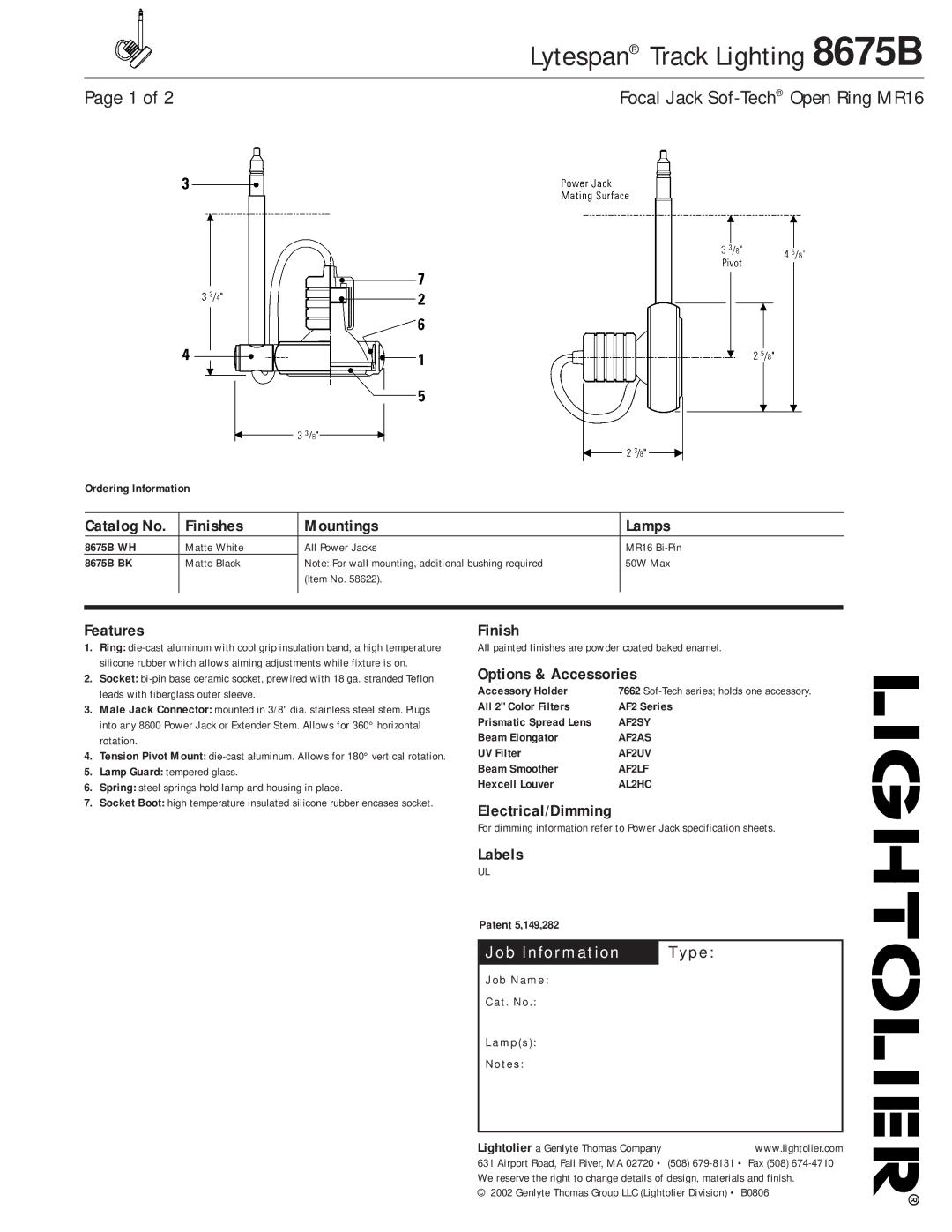 Lightolier 8675B specifications Finishes Mountings Lamps, Features, Options & Accessories, Electrical/Dimming, Labels 