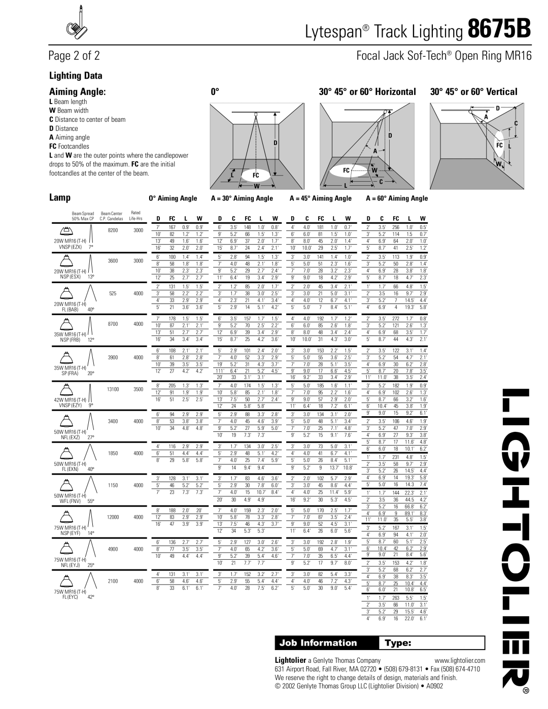 Lightolier 8675B specifications Lighting Data Aiming Angle, Lamp, 30 45 or 60 Horizontal, Type 