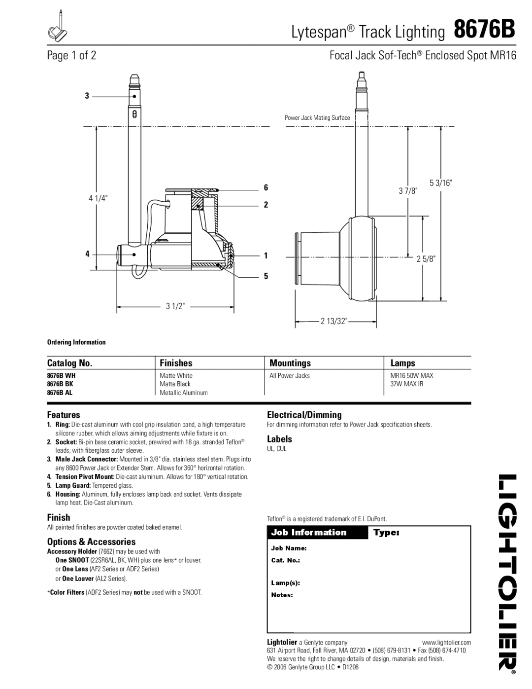 Lightolier 8676B specifications Catalog No Finishes Mountings Lamps, Features, Options & Accessories, Electrical/Dimming 