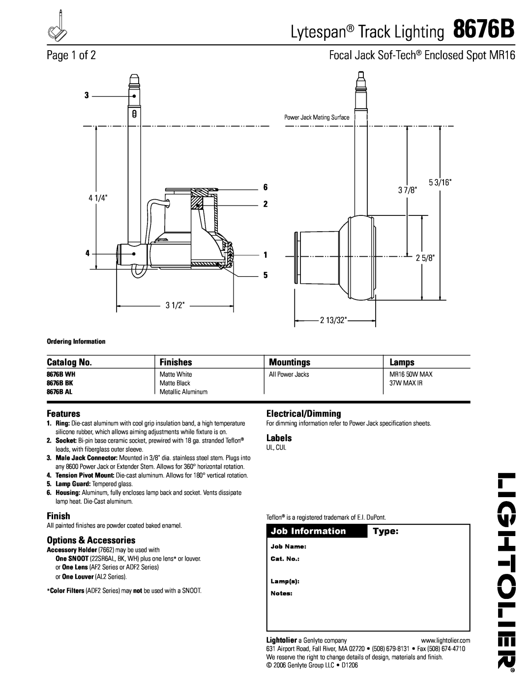 Lightolier specifications Page of, 5 3/16, 3 7/8, 2 5/8, Job Information, Type, Lytespan Track Lighting 8676B, Finishes 